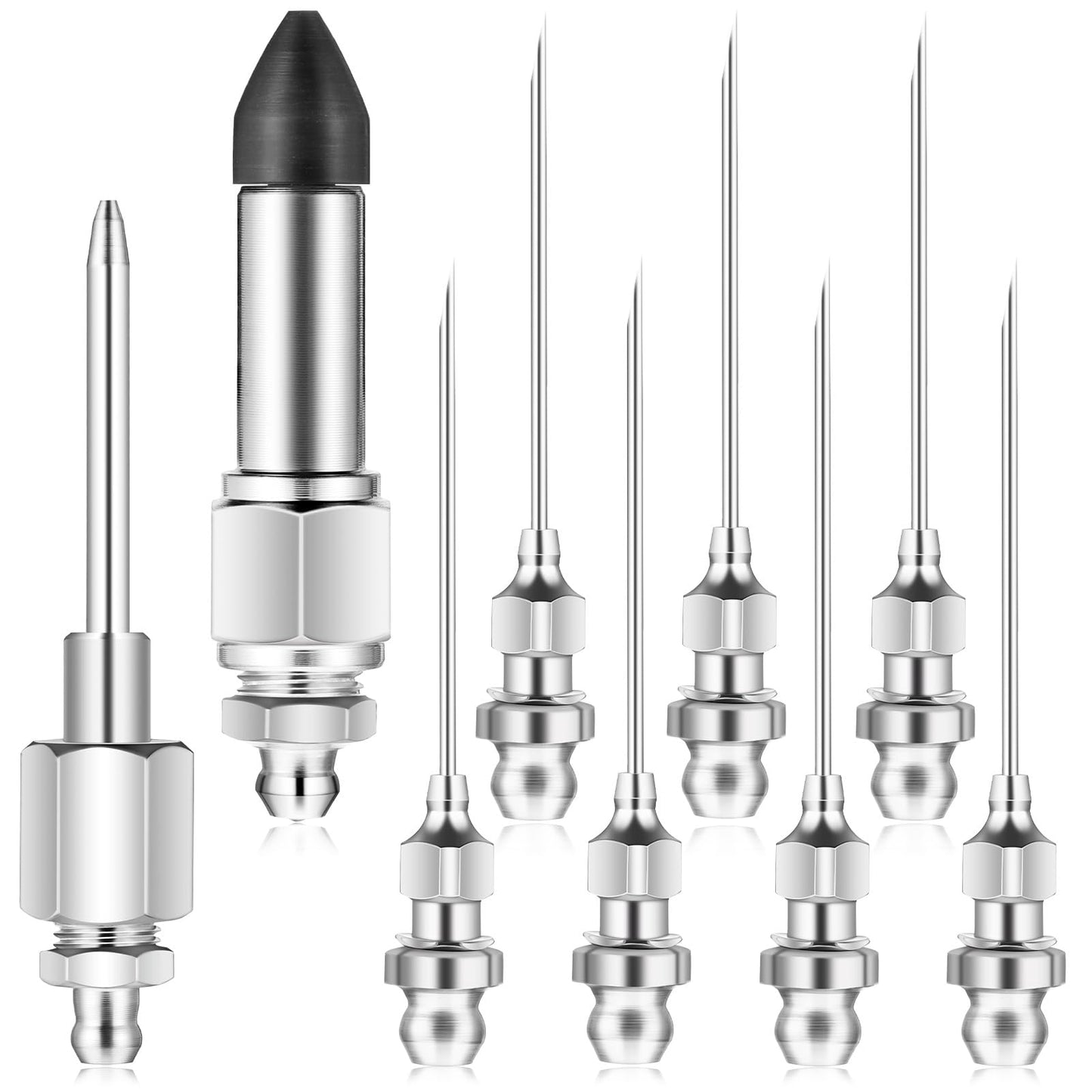 Yuanchu 9pcs Stainless Steel Grease Gun Accessory Set, 7 Grease Injector Needle Nozzle with 1 Dispenser 1 Rubber Adapter Needle Point Tip for Small Spaces