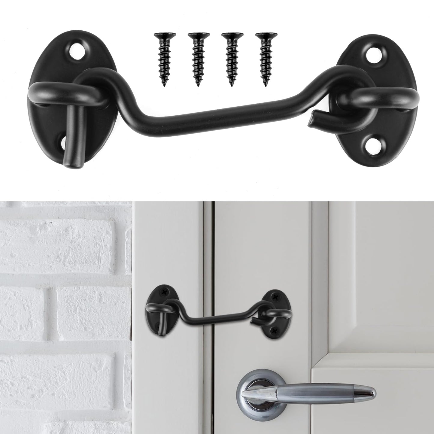 Amabro Hook and Eye Latch Lock, 100mm Stainless Steel Barn Door Lock 4 Inch Hardware Gate Latch with Screws Privacy Cabinet Hook Eye Latch for Shed Window Garage Gate Bathroom Cabinet Fence(Black)
