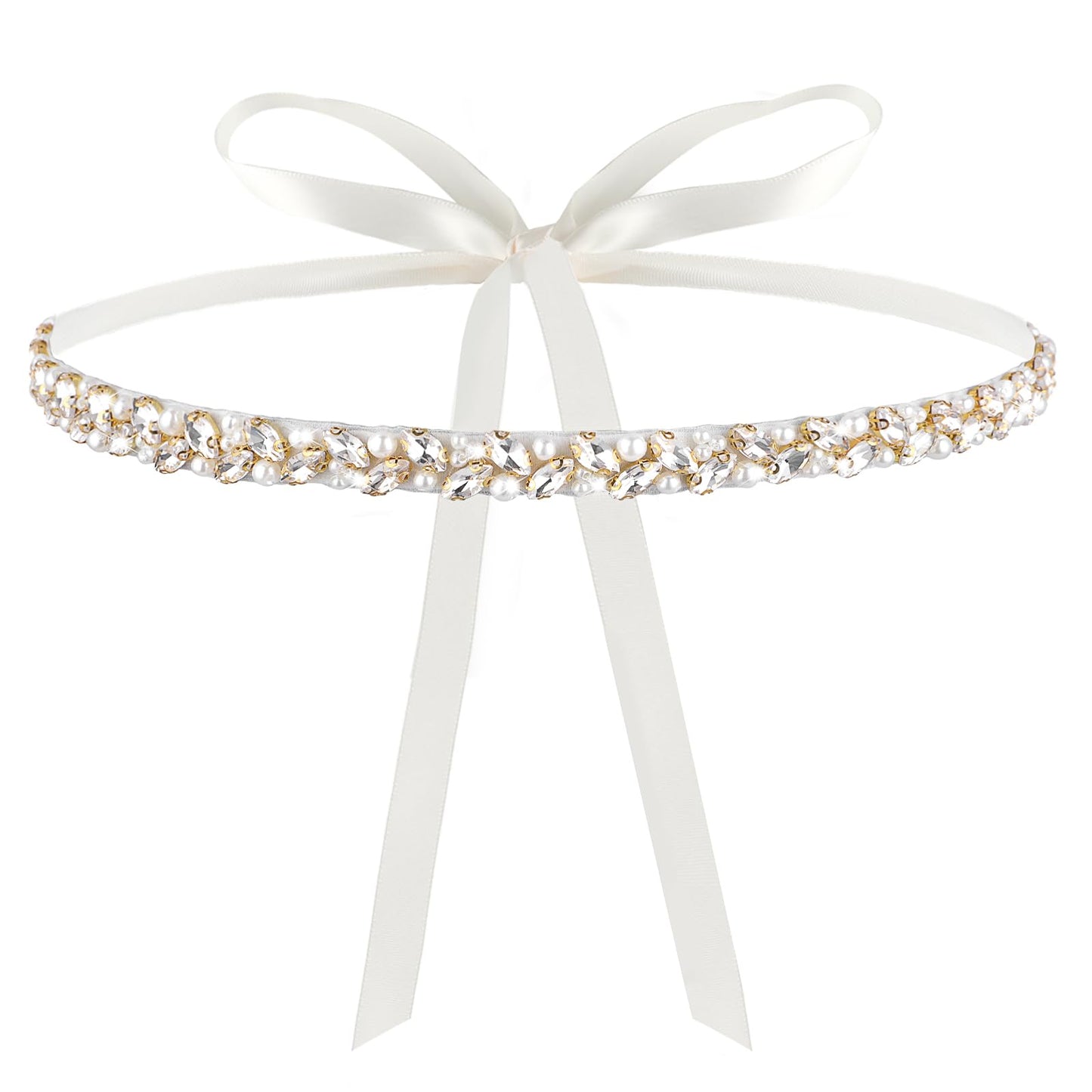 Andibro Handmade Rhinestone Bridal Belt, Crystal Wedding Belt With Ribbons Bridal Wedding Dress Sash Decor For Bridal Gowns(White)
