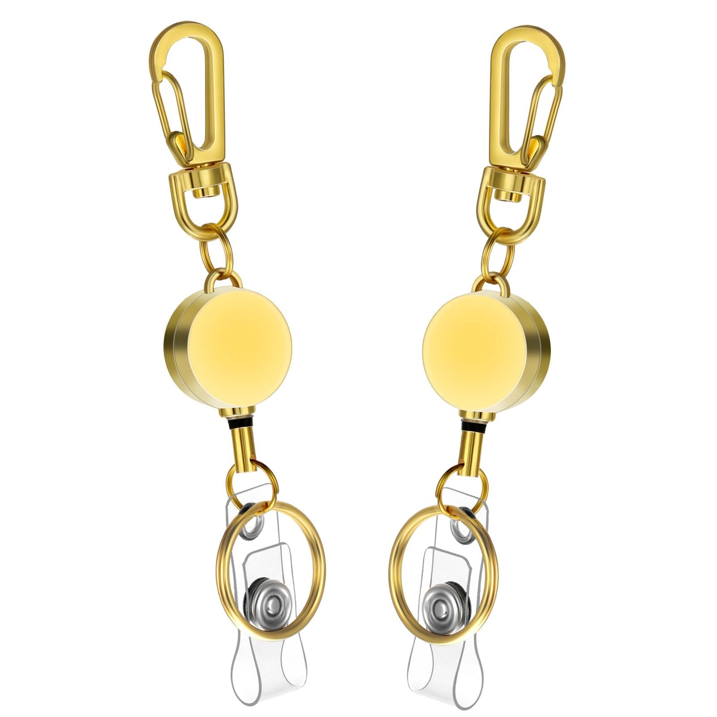 TIESOME 2 Pack Metal Retractable Badge Holder, ID Badge Holder with Reel Clip and Carabiner Key Chain Durable Keychain with Tenacity Retractable Cord for Teachers Students Office Workers(gold)