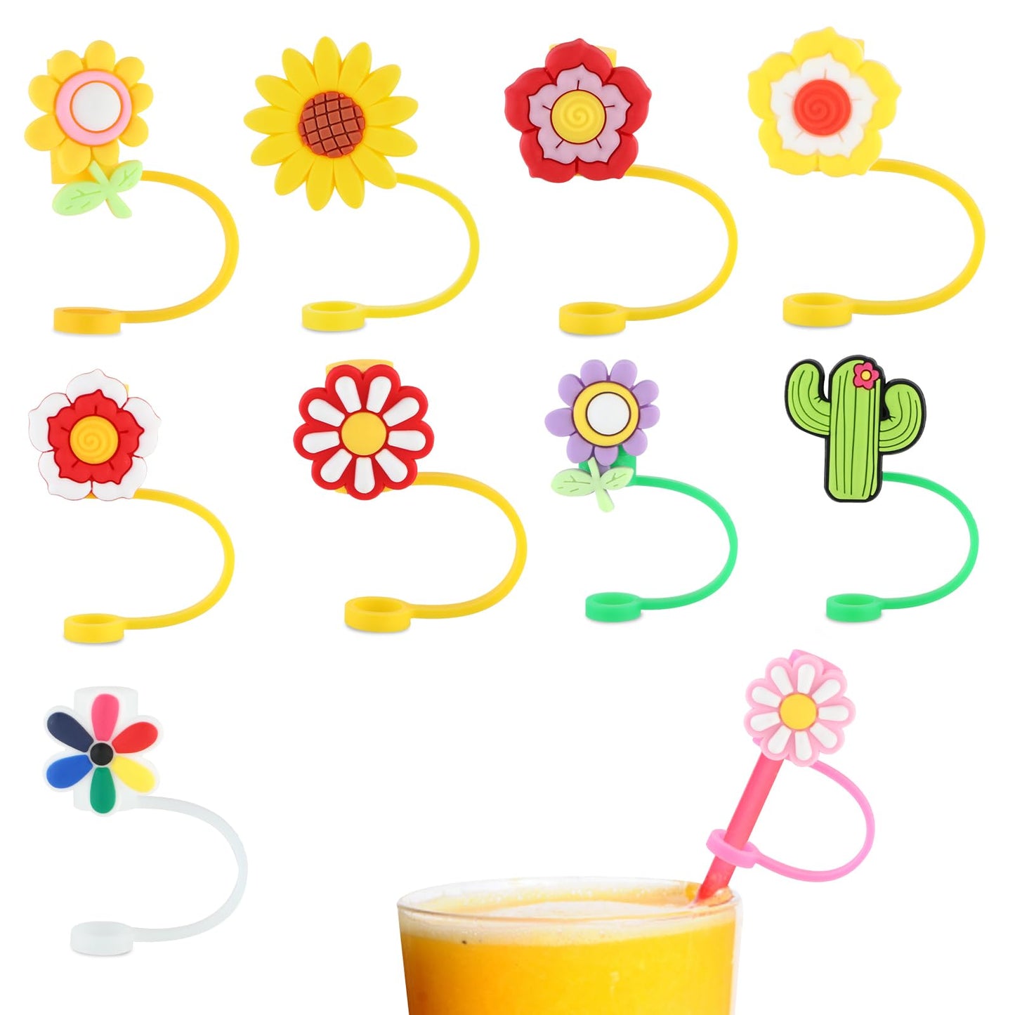 cobee Reusable Cute Drinking Straw Covers for 6-8mm Straw, 10 Pcs Silicone Straw Caps Flower Straw Tips Lids Daisy Dust-Proof Straw Plugs Straw Cover Cap Outdoor Decor