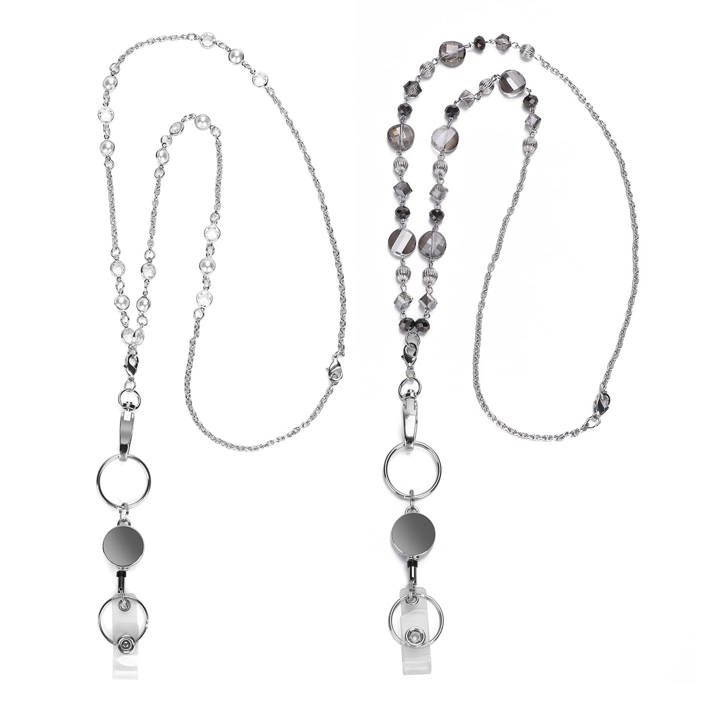 Molain Retractable Badge Reel Lanyard with ID Holder Set, Stainless Steel Beaded Chain Necklace Name with Waterproof Badge Holder Lanyard 2 Pieces