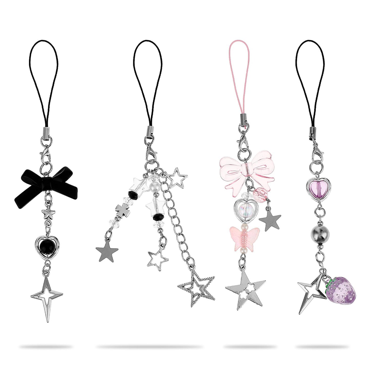 GEEHUA 4Pcs Cute Phone Charms, Cell Phone Charm Kit Mobile Phone Pendant Pink Strawberry Butterfly Star Cute Phone Charm Phone Accessories for Phone Bag Keychain Camera Decor
