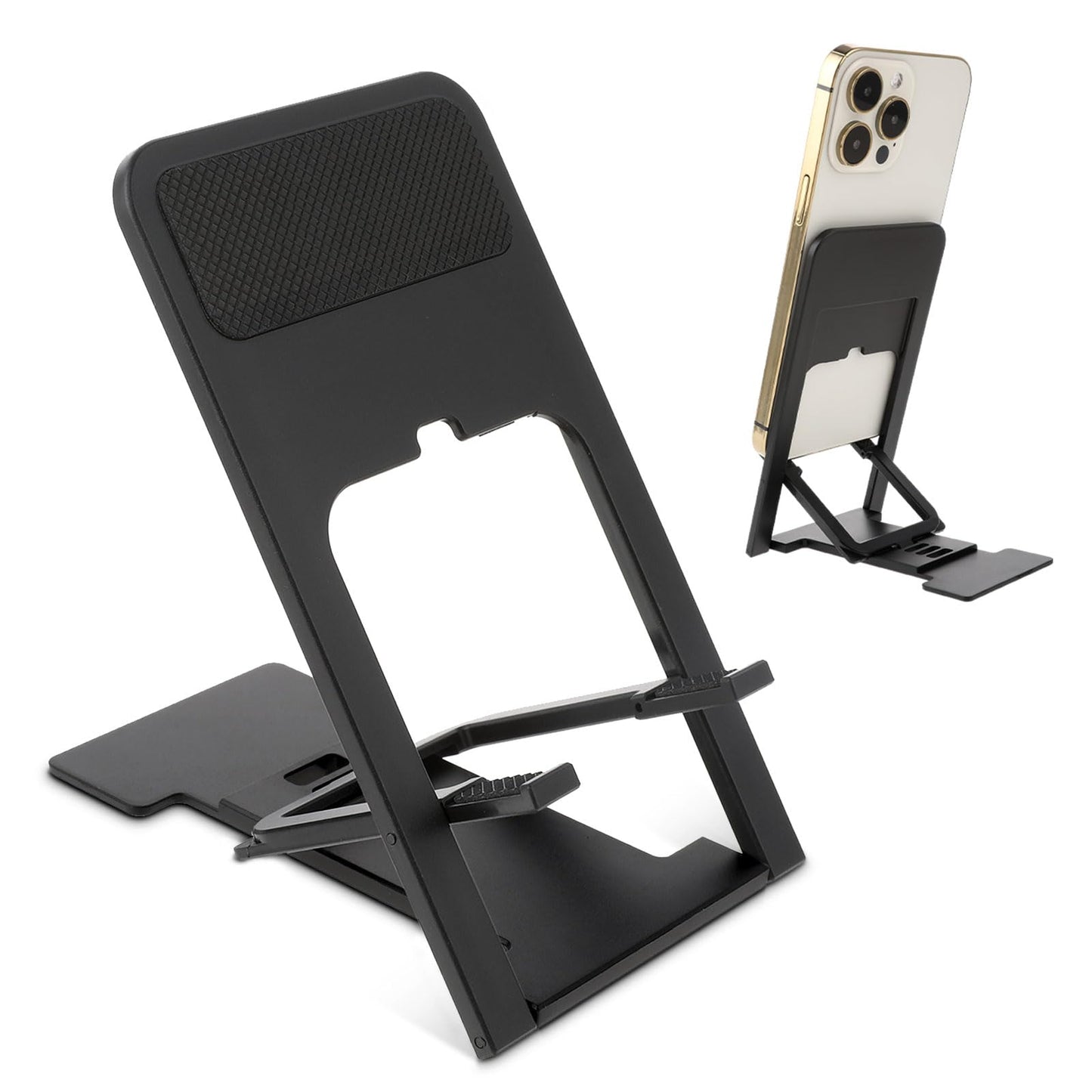 TIESOME Phone Stand for Desk, Foldable Cell Phone Holder, Travel Phone Dock Designed 4 Angle Adjustable Phone Bracket Thin Phone Holder Compatible for All Phones(Black)