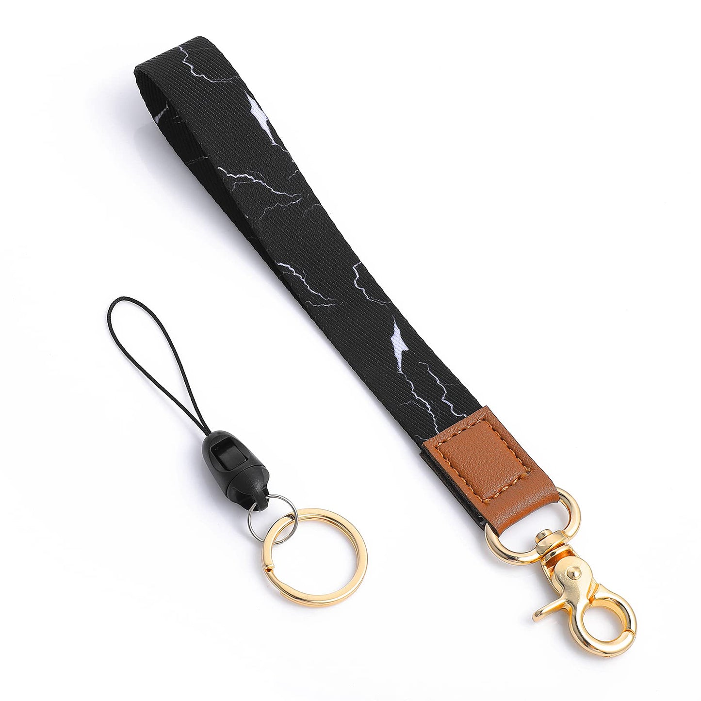 cobee Wrist Lanyard Keychain, Marble Hand Wrist Lanyard with Swivel Lobster Clasp + Mini Lanyard with Metal Keyring, Leather Wristband Key Chain for Car Keys ID Badges Card (Black with White Texture)