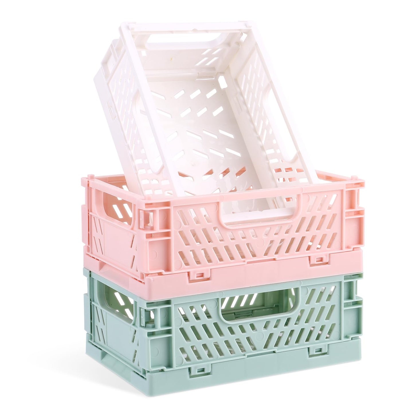 Jeffdad 3 Pack Pastel Crates, Collapsible Plastic Storage Baskets Mini Crates for Bedroom Office Classroom Kitchen Desktop Drawer Shelf (6 x 3.9 x 2.2in