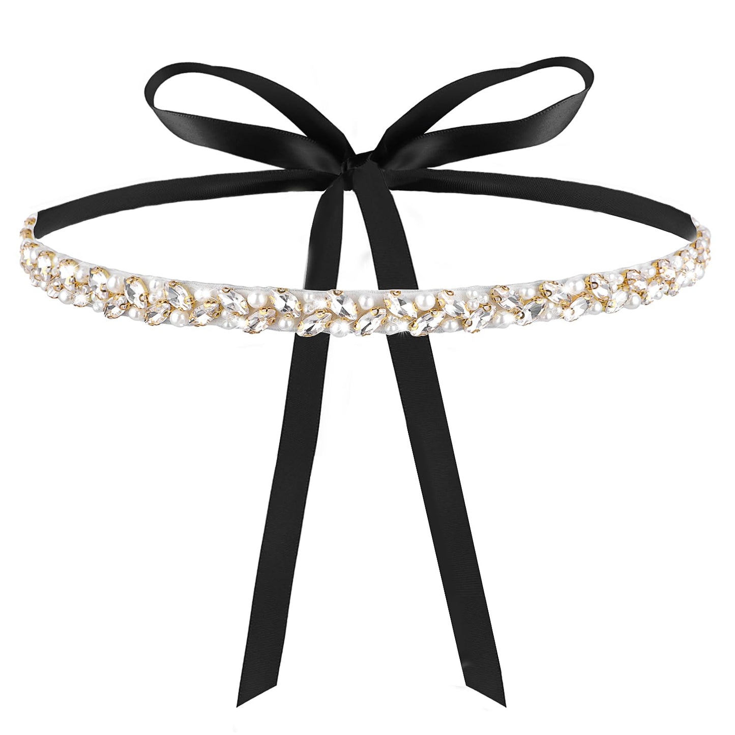 Andibro Handmade Rhinestone Bridal Belt, Crystal Wedding Belt With Ribbons Bridal Wedding Dress Sash Decor For Bridal Gowns(Black)