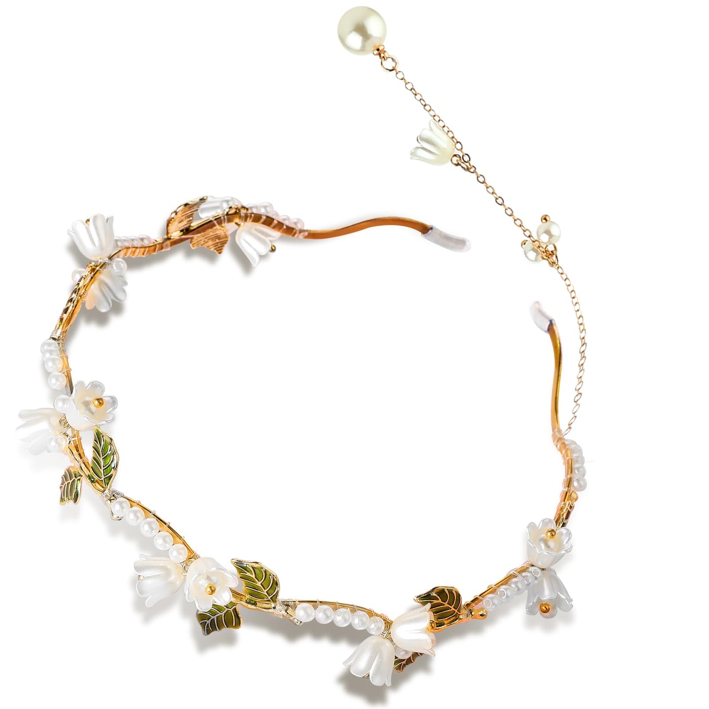 TIESOME Pearl Flower Wedding Headband with Tassel, Gold Floral Bridal Hair Vine Handmade Metal Headpiece Hair Band Wedding Hair Accessories for Women Girls