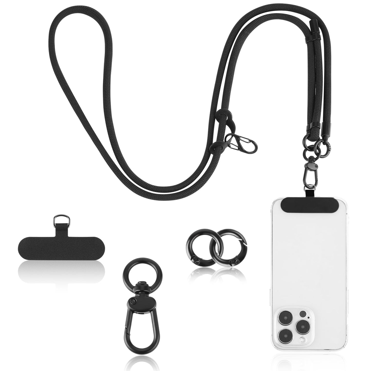 Amabro Crossbody Phone Lanyard, Adjustable Cell Phone Strap with 2 Tether Tab Black Nylon Cellphone Strap Phone Necklace Phone Chain Compatible with Most Cell Phones