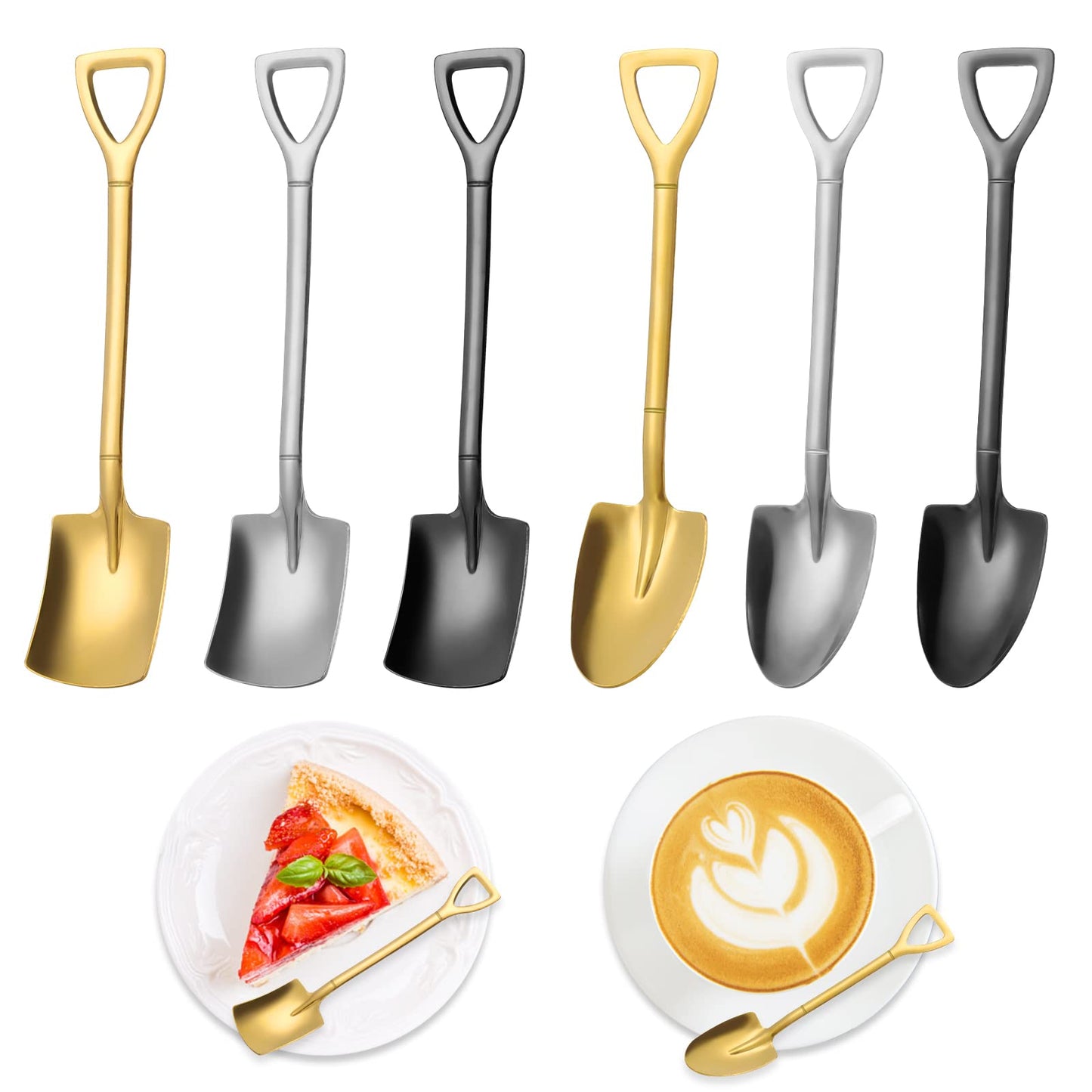 cobee Shovel Spoon, 3 Shovel Spoon+3 Pointed Spoons, Stainless Steel Spade Spoon Novelty Spade Teaspoons Coffee Latte Spoons Ice Cream Spoons Dessert Spoons for Kitchen Tea Party(Silver, Black, Gold)