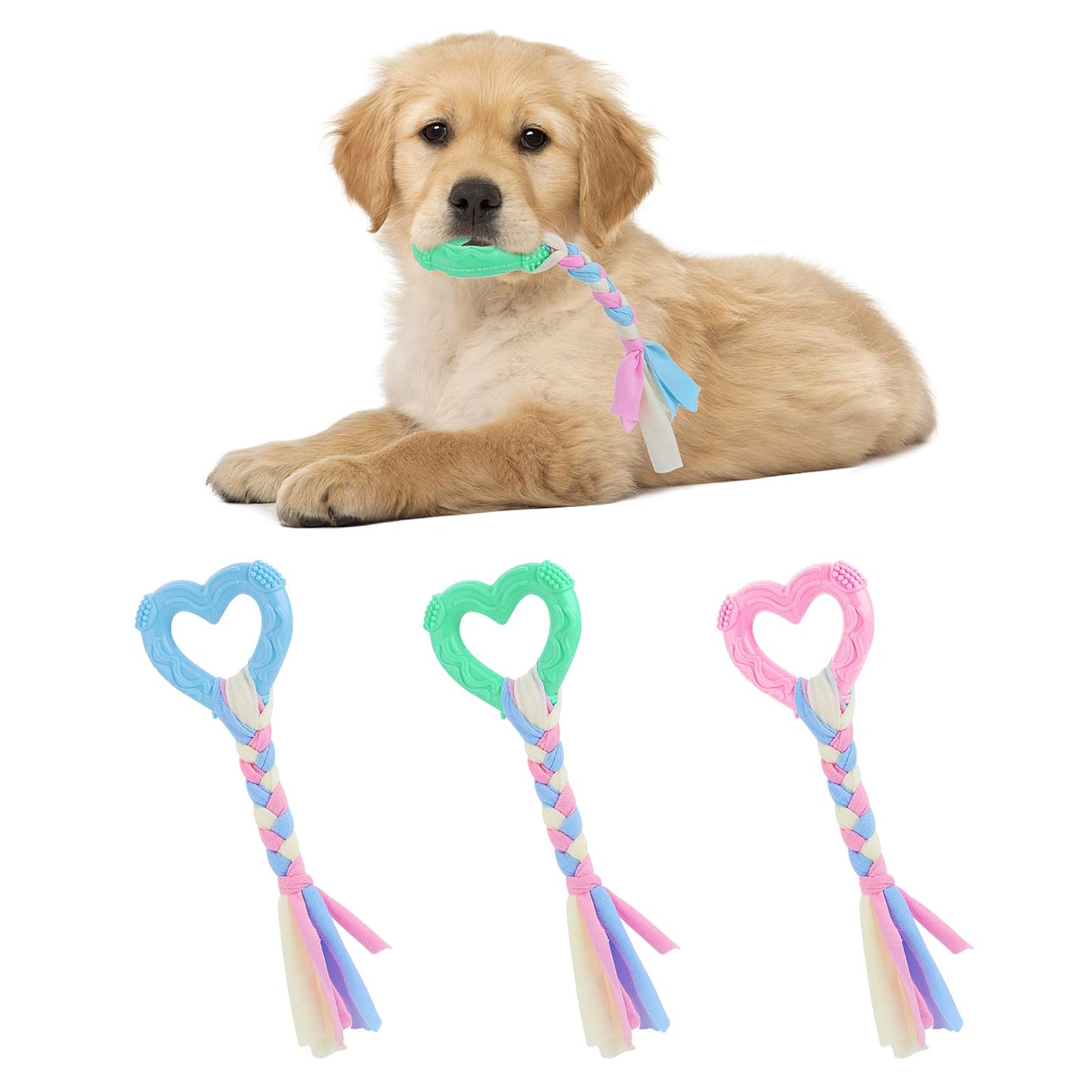 TIESOME Puppy Teething Toys with Cotton Ropes, 3 Pcs Rubber Small Dog Heart-Shape Chew Toy Aggressive Chew Toys for Dogs Teeth Soothe Itching Puppy Chew Toys Interactive Pet Toys for Small/Medium Dogs