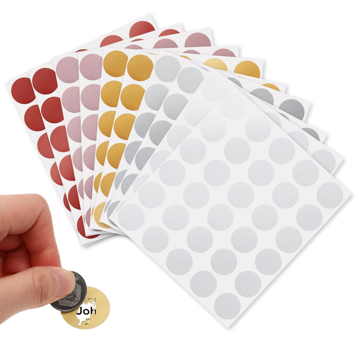 TIESOME 300 Pcs 1" Scratch Labels, 5 Colors Round Circle Scratch Stickers Self Adhesive Scratch Off Cards for School Game Lottery Tickets DIY Raffle Ticket DIY Postcard(Gold+Silver+Rose Gold+Gray+Red)