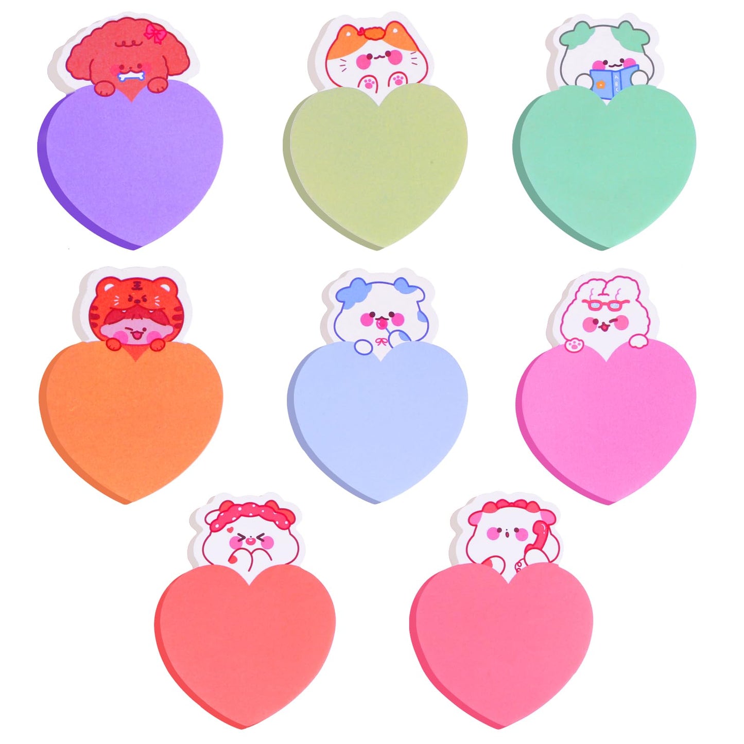 cobee Cute Heart Shape Self Stick Notes, 8 Pack Cartoon Animal Sticky Notes Colorful Heart Memo Pads Markers Flags Cute Sticky Notes for Students Home Office Supplies 240 Sheets(B)