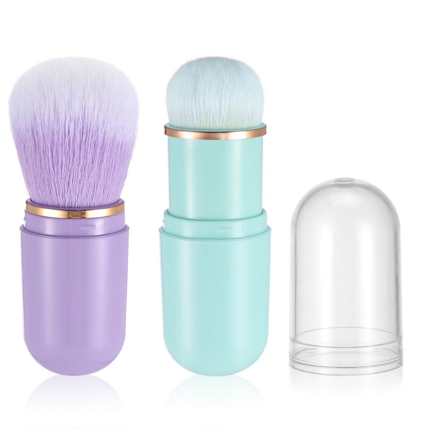 Yuanchu Retractable Kabuki Makeup Brushes, 2 Pcs Travel Makeup Brushes Blush Brushes Cute Powder Brush Foundation Brush for Liquid Foundation Pressed Powder Contouring Cream(Green+Purple)