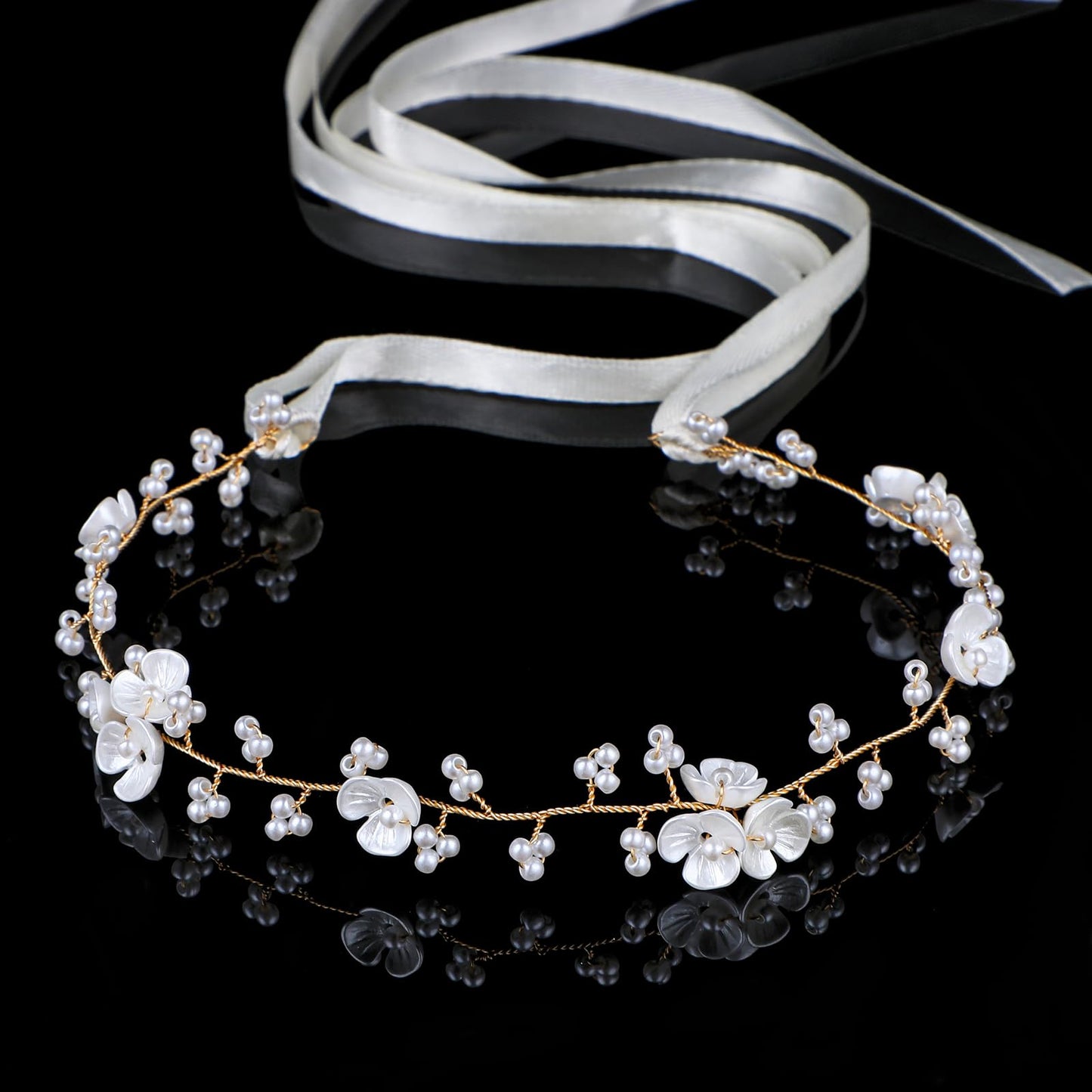 AOZUO Hair Accessories Girls Children Flower Girl Headdress Headband, White Pearls Flower Headband Princess Girls Wedding Hair Accessories Headband for Girls Birthday Party First Communion