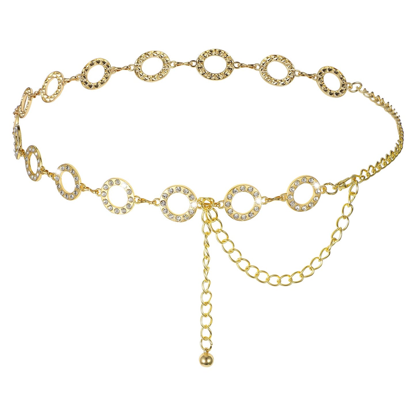 Andibro Women Metal Chain Belt, Adjustable Waist Link Belt Circle Diamond Fashion Waist Chain Belly Belt Body ChainsShiny Waist Chain Belt for Dresses Jeans Pants