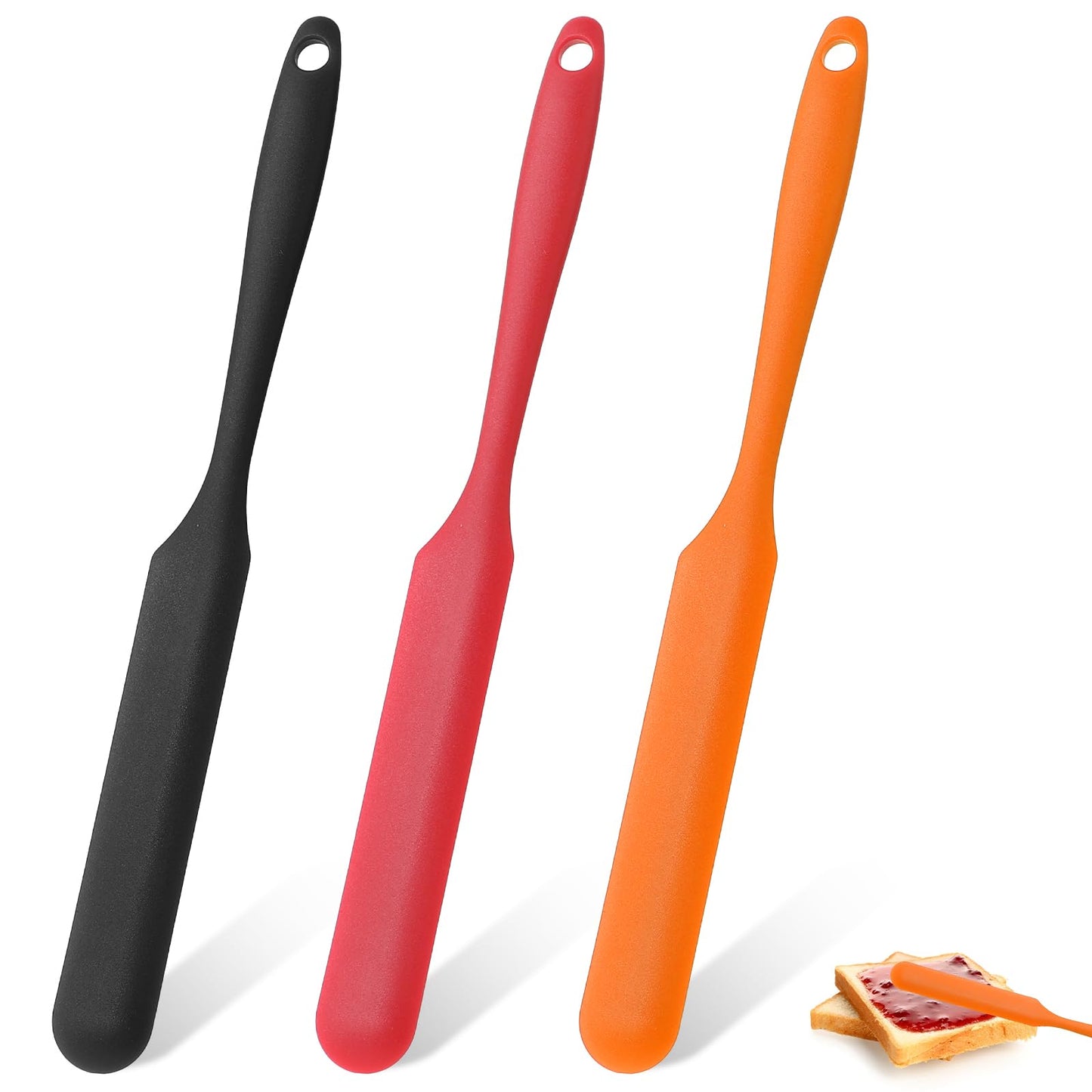Giantree 3 Pcs Jar Spatula, Silicone Jar Spatula Heat Resistant Spatula with Long Handle Baking Spatula for Cream Butter Spatulas Mixing Scraper Batter Non-stick Baking Tool (Black, Red, Orange)