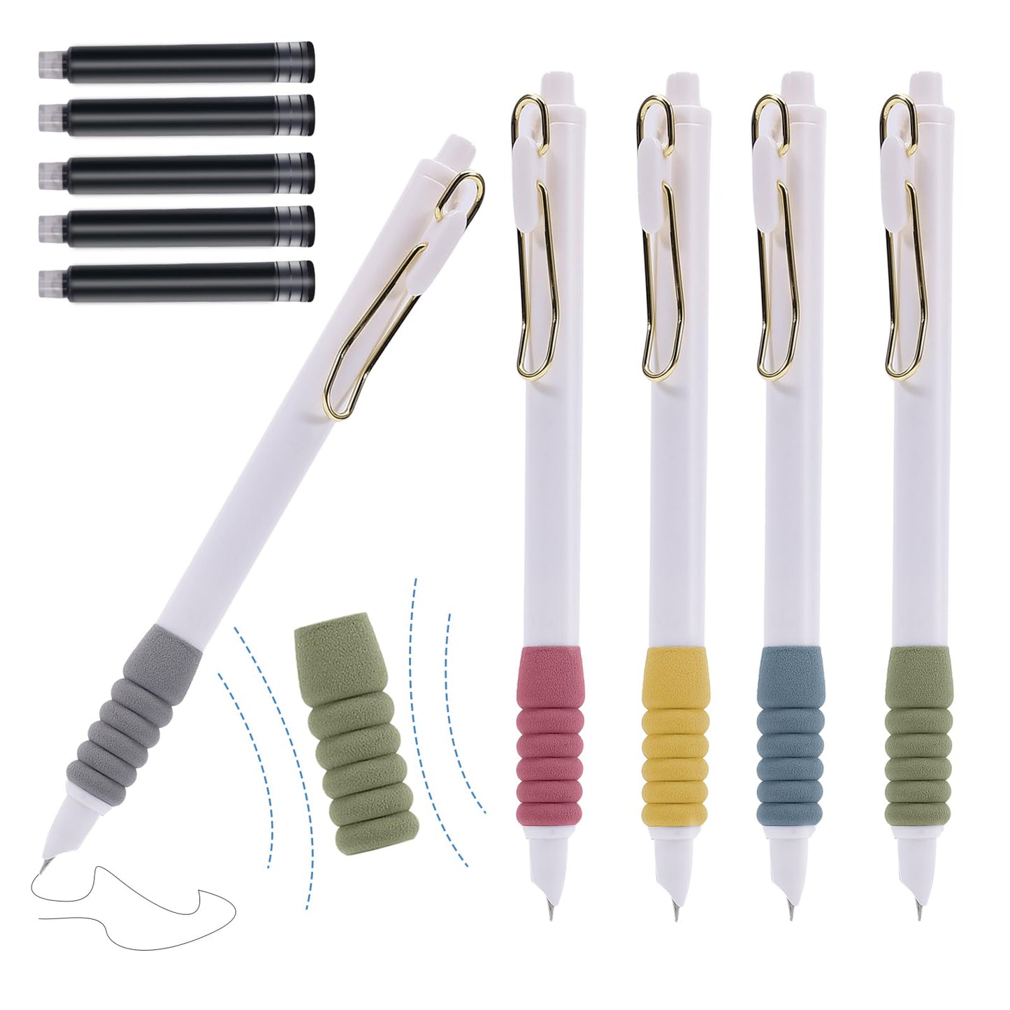 cobee Retractable Fountain Pen,5pcs 0.38mm Aesthetics Pastel Refillable Ink Pens with Super Soft Nonslip Grip, and 10 pcs Black Ink Sac Writing Smooth for Journaling Calligraphy Gift Supplies