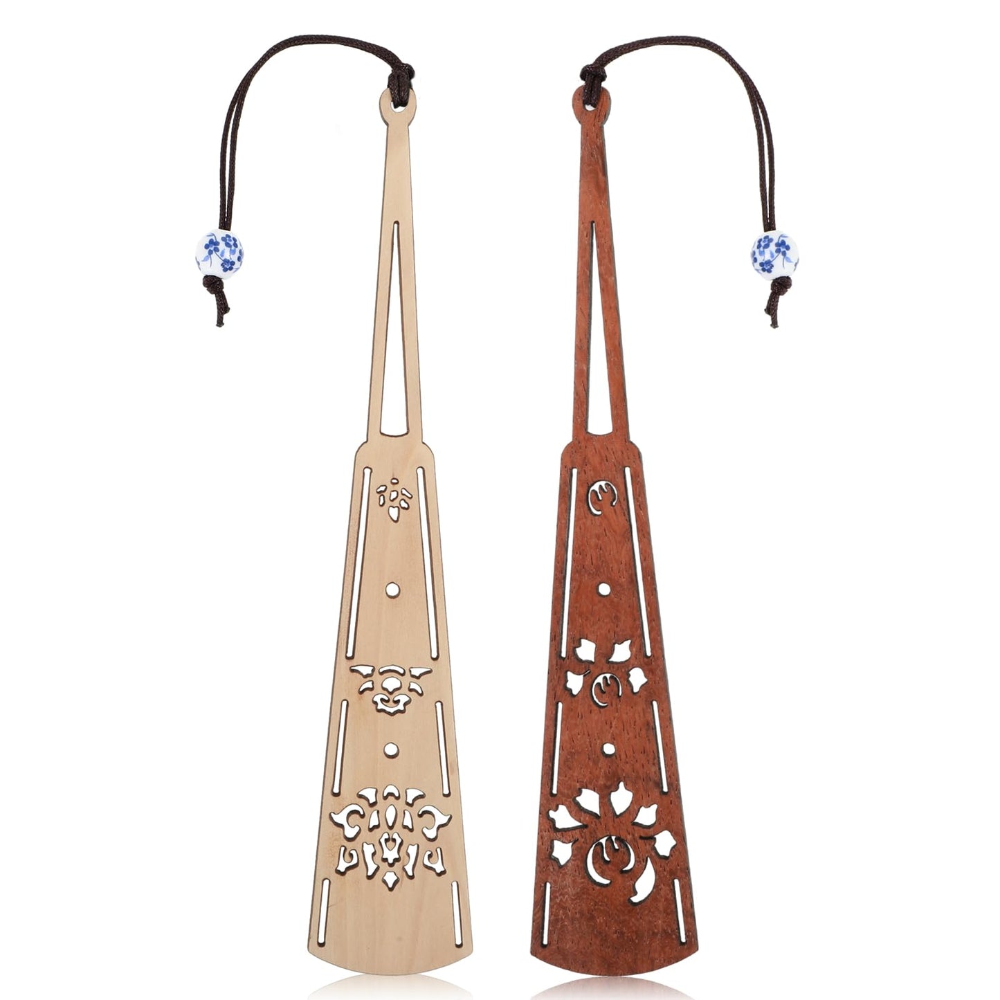 Amaxiu 2 Pcs Vintage Handmade Wooden Bookmark, Fan Shape Book Marks Valentines Day Gifts with Blue White Porcelain Pendant for Book Lovers Wedding Anniversary Men Women Gift(B)