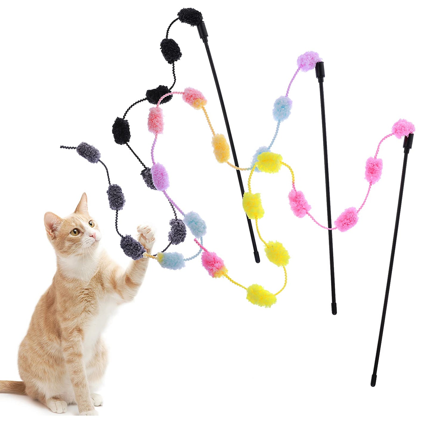 Cobee Cat String Toys, 3 Pack Interactive Cat Teaser Wand String Toys Colorful Ribbon Charmer with Furry Plush Balls for Kittens Stick Cat Toys for Indoor, Cats to Play Chase Exercise