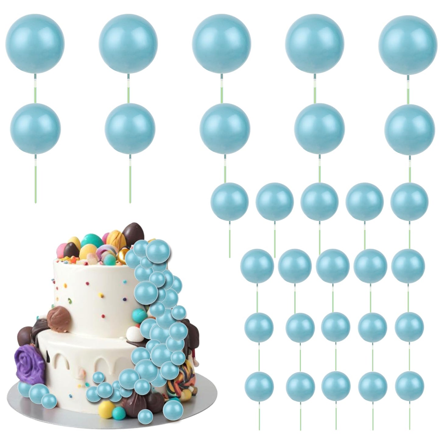 Molain 30 Pcs Balls Cake Topper Balloons Cupcake Topper DIY Cake Insert Topper 5 Sizes Foam Cake Balls Baking Decoration for Wedding Anniversary Birthday Cake Decorations(Blue)