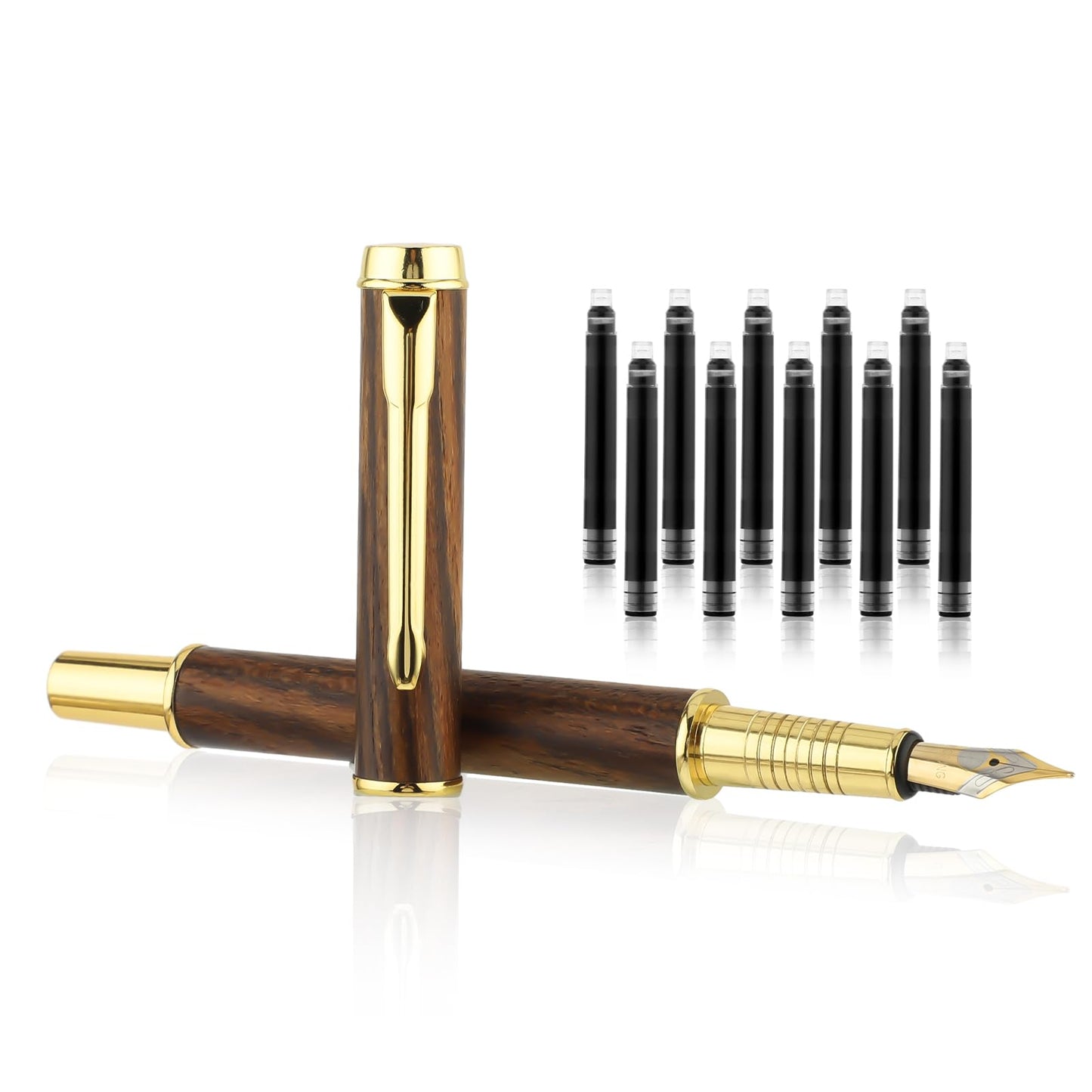 GEEHUA Vintage Wooden Fountain Pen Set, 0.5mm Fine Nib with 10pcs 2.6mm Ink Cartridges Business Retro Wood Fountain Pen Smooth Writing Calligraphy Pen for Signature Journal Office(Brown)