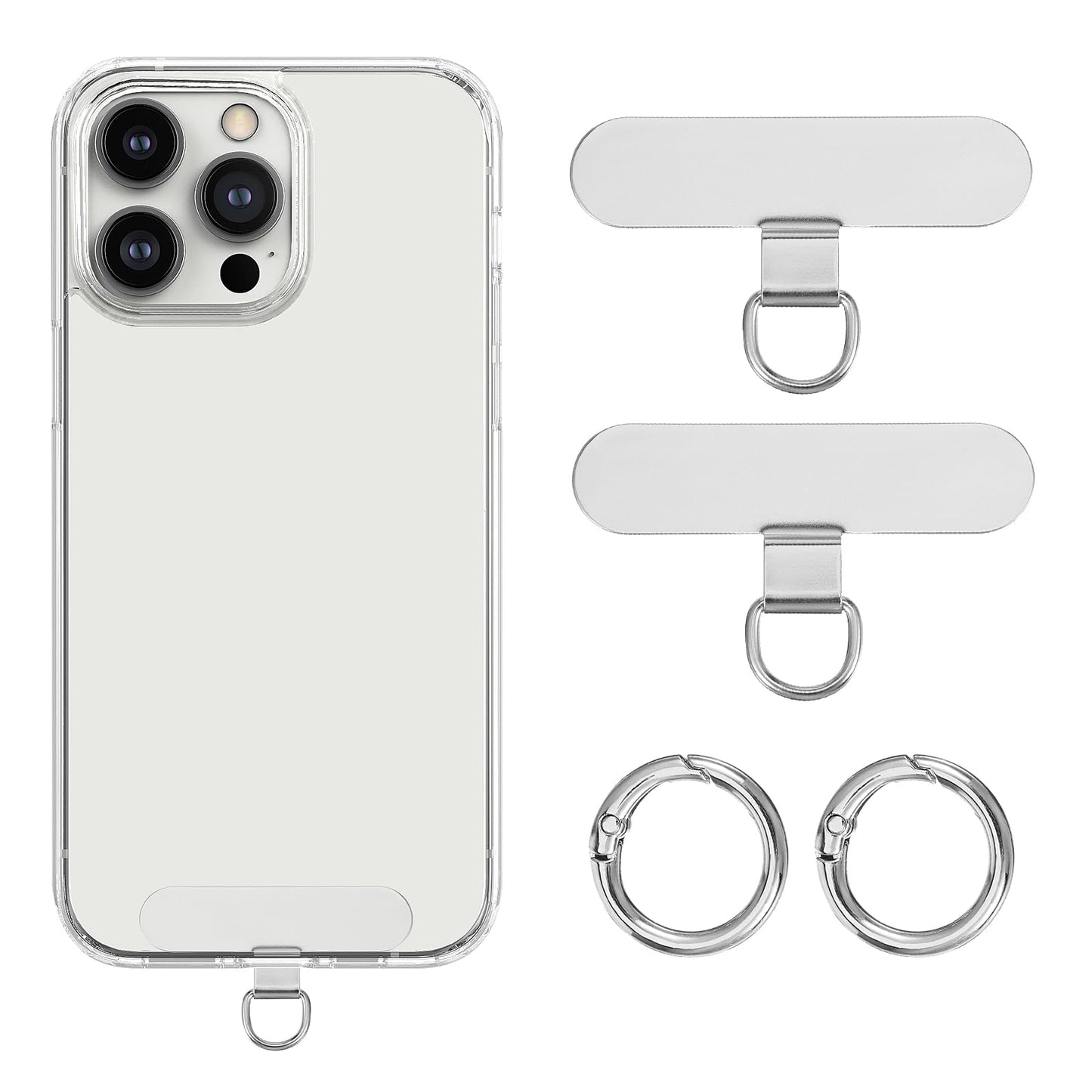 Yuanchu 2 Pcs Mobile Phone Lanyard with 2 Metal Spring Rings Metal Pads Universal Mobile Phone Tether Tabs with Metal Ring No Glue for Most, silver, One size
