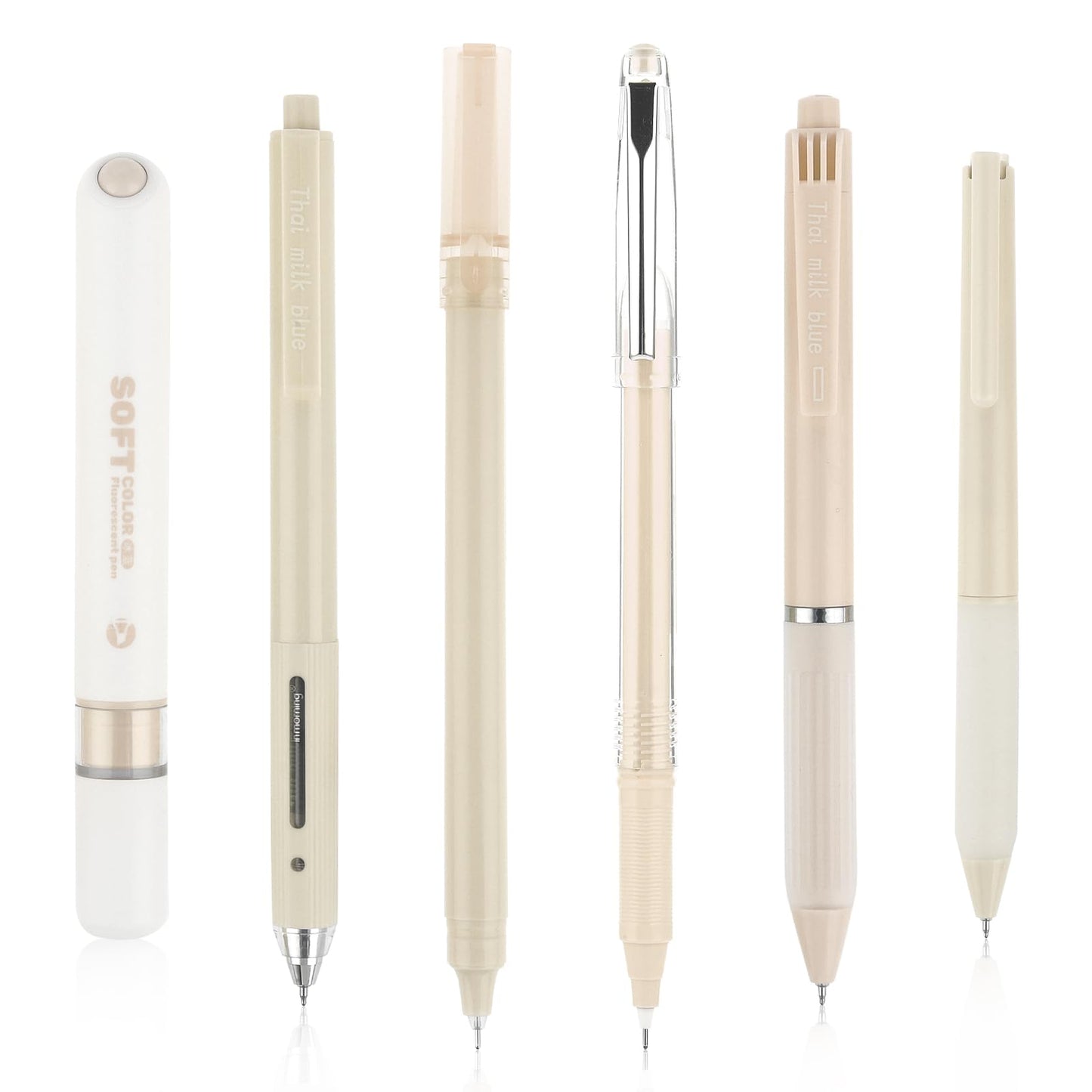 6 PCS Aesthetic Ballpoint Pens with Highlighter, 0.5mm Retractable Gel Ink Pens Cute Ball Point Pen Black Ink Smooth Writing Pens Pastel Roller Ball Pens Marker Pen for School Office Gift(Brown)