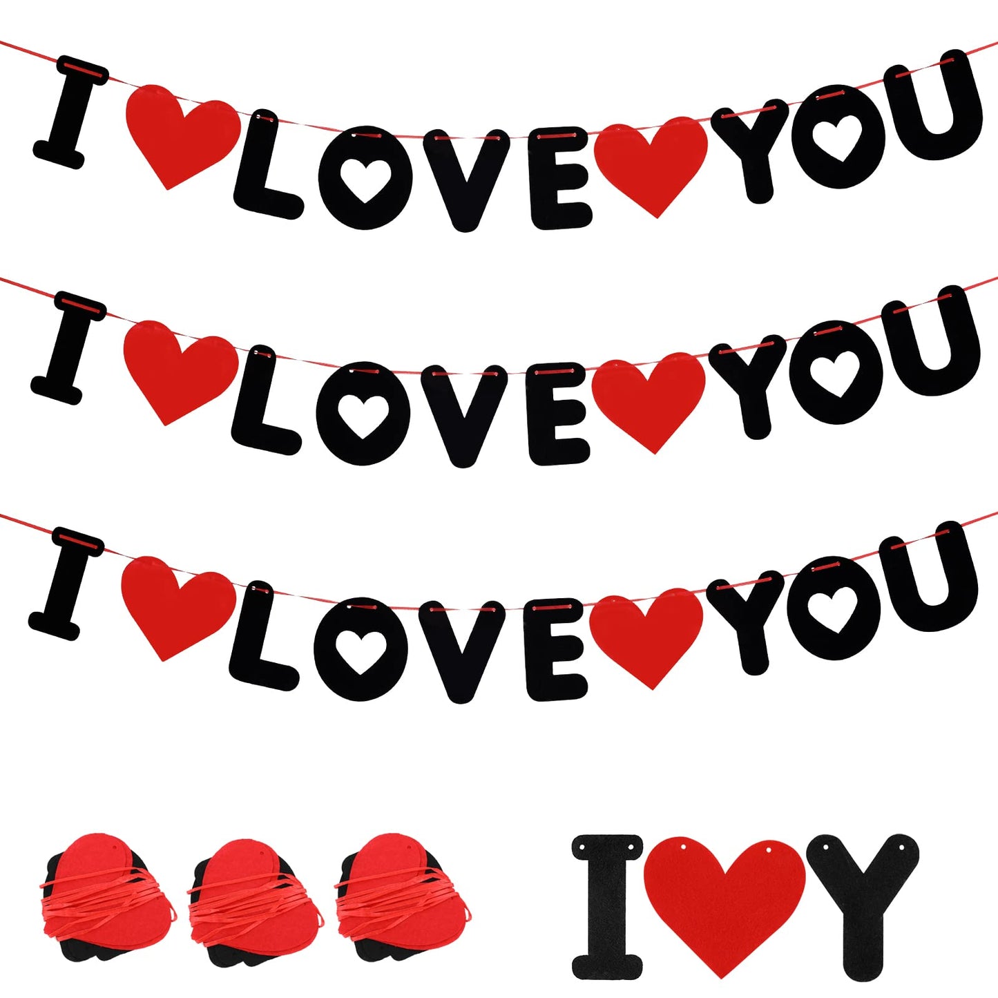 cobee I Love You Letters Banner, 3pcs Letters Bunting Valentine Decoration, Valentine's Day Decoration Banner, Letters Bunting Red Heart Garlands for Mothers Day Anniversary Engagement Weddings Decor