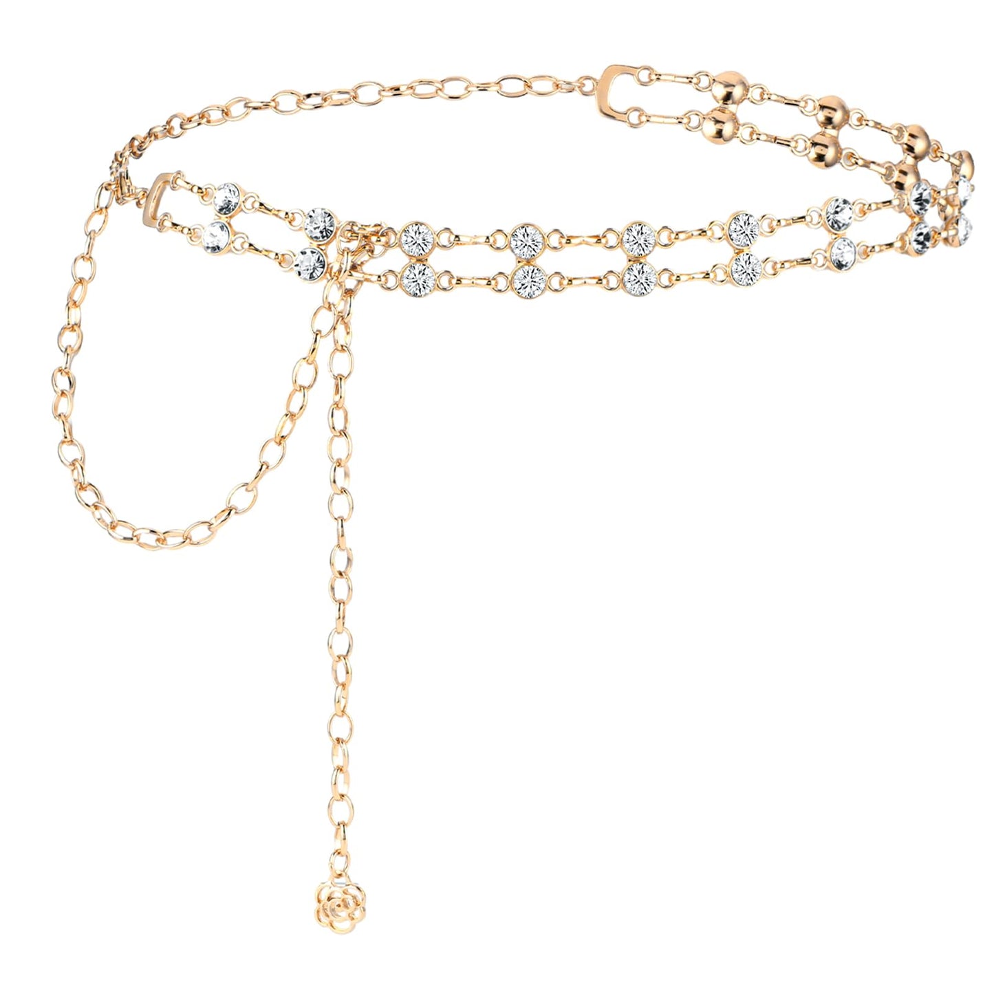 Amaxiu Women Rhinestone Chain Belt, Crystal Link Belt Metal Dress Belt Adjustable Skinny Waist Chain Belt(Gold)