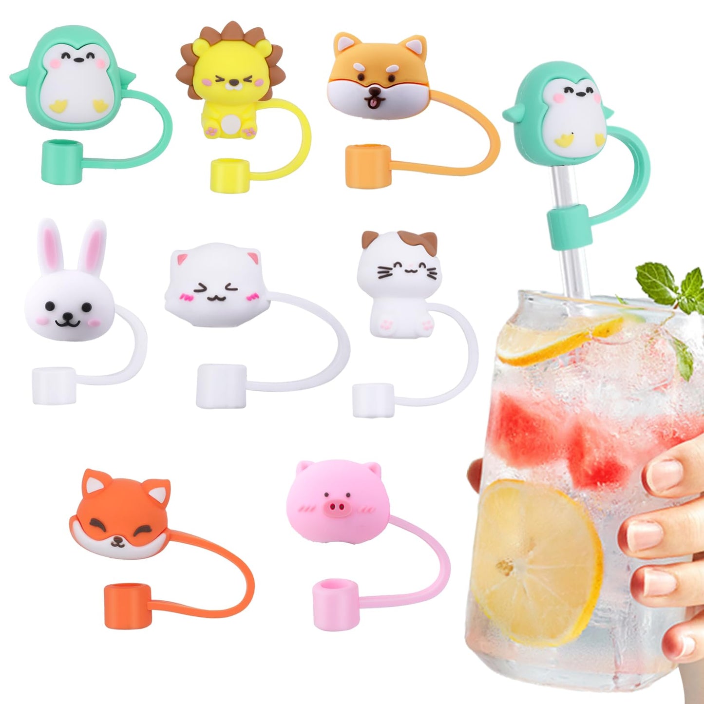 cobee Reusable Straw Caps Cover, 8 Pcs Dust-Proof Drinking Straw Cover for 6-8mm Straws Silicone Straw Tips Cover Cute Cartoon Colorful Straw Toppers Cover Party Drinking Straws(Style-B)