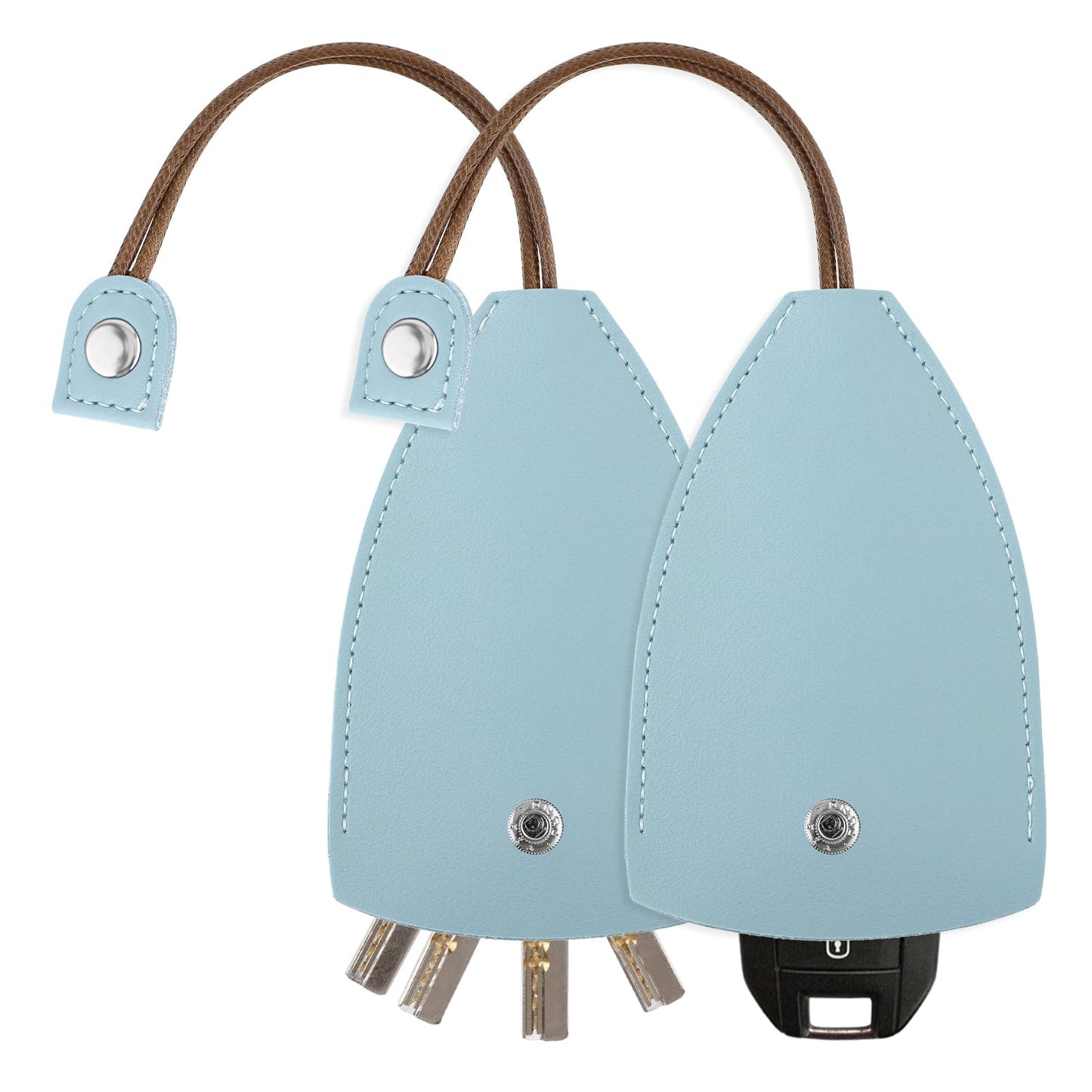 simarro Car Key Case, 2Pcs Creative Pull-out Key Sleeve PU Leather Womens Large-Capacity Protective Case Cute Car Key Pendant Ornament Key Sleeve with Holder Hook for Most Car Key(Light Blue)