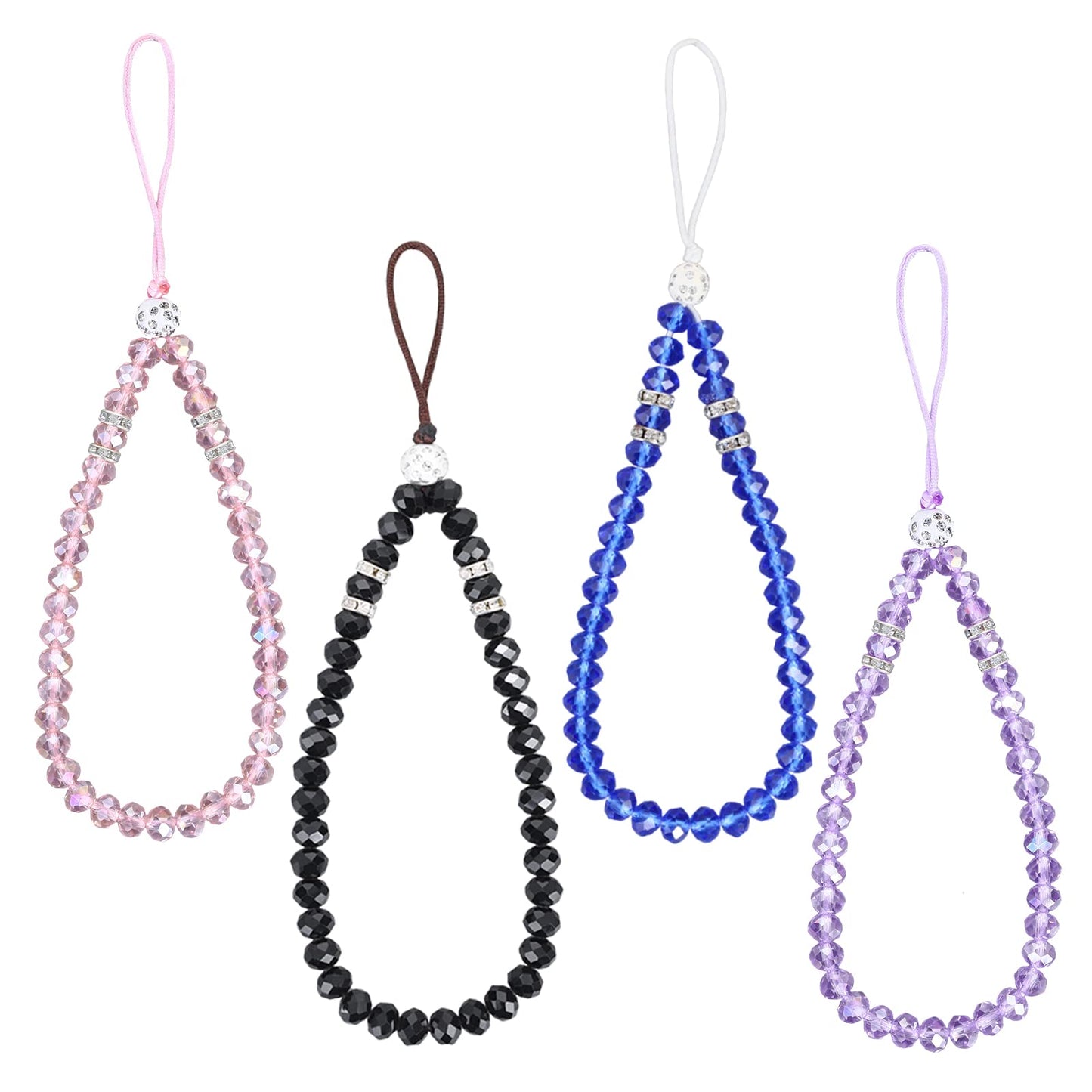 cobee Crystal Cell Phone Lanyard, 4 Pieces Cell Phone Straps Bling Crystal Beads Phone Charm Strap Phone Lanyard Chain for Girl Women, Purple, Black, Pink, Blue, 19 cm/7.5 inch
