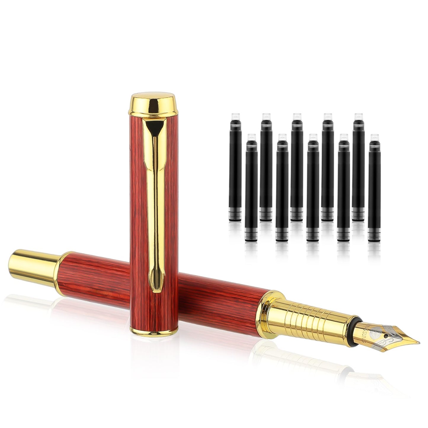 GEEHUA Vintage Wooden Fountain Pen Set, 0.5mm Fine Nib with 10pcs 2.6mm Ink Cartridges Business Retro Wood Fountain Pen Smooth Writing Calligraphy Pen for Signature Journal Office(Red-brown)