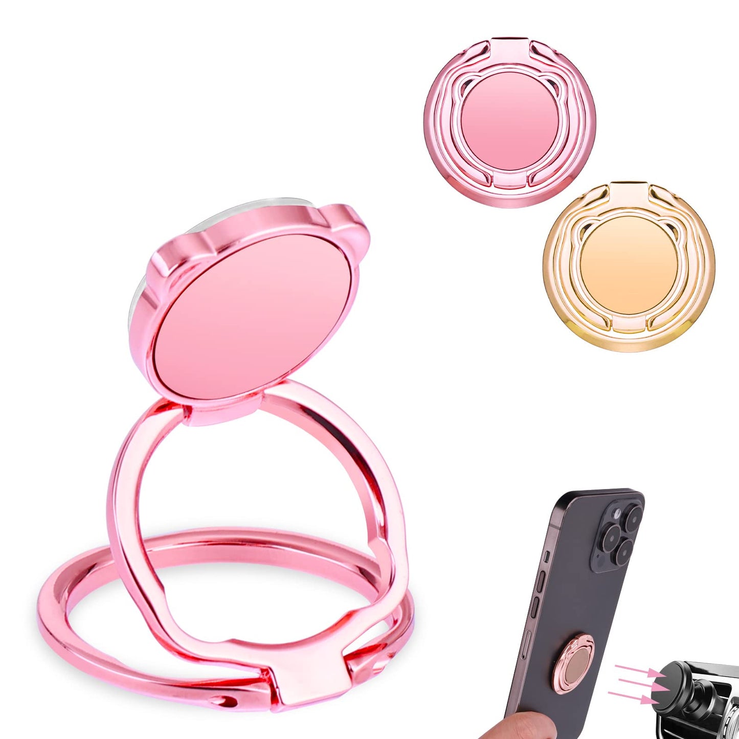 Cobee Cell Phone Ring Holder 2 Pack Foldable Finger Kickstand Kawaii Cute Bear Shape Cell Phone Stand 360° Rotation Phone Holder for Desk Magnetic Car Mount Phone Back Grip(Gold, Pink)