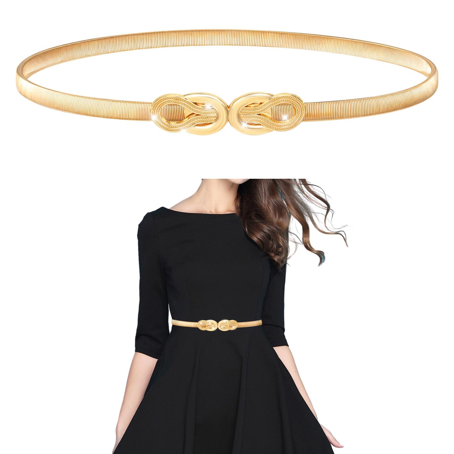 TIESOME Elastic Skinny Waist Belt for Women, Gold Metal Thin Elastic Chain Belt for Dresses Ladies Dress Waist Band