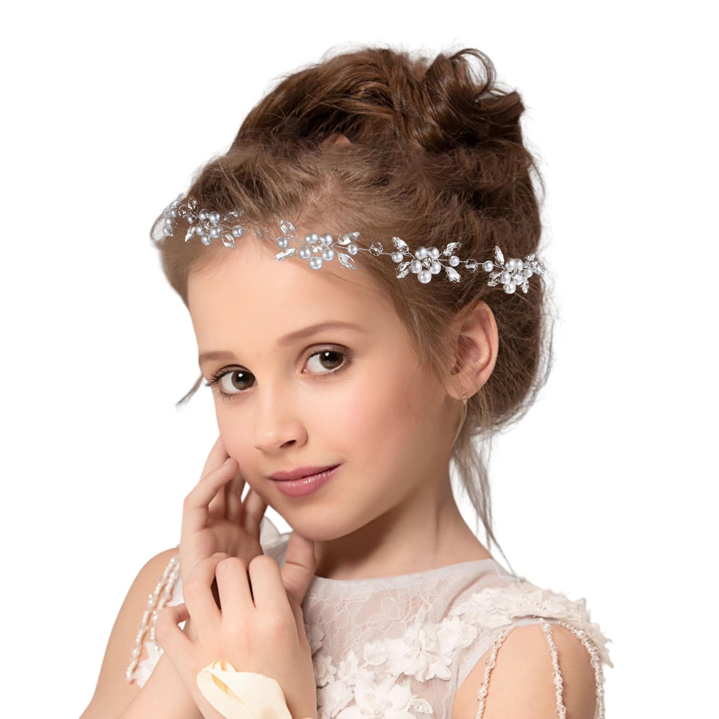 Yuanchu Wedding Hair Accessories for Girls and Flower Girls, Silver Princess Wedding Headband with Crystal Rhinestones and Pearls Birthday Party First Communion Wedding