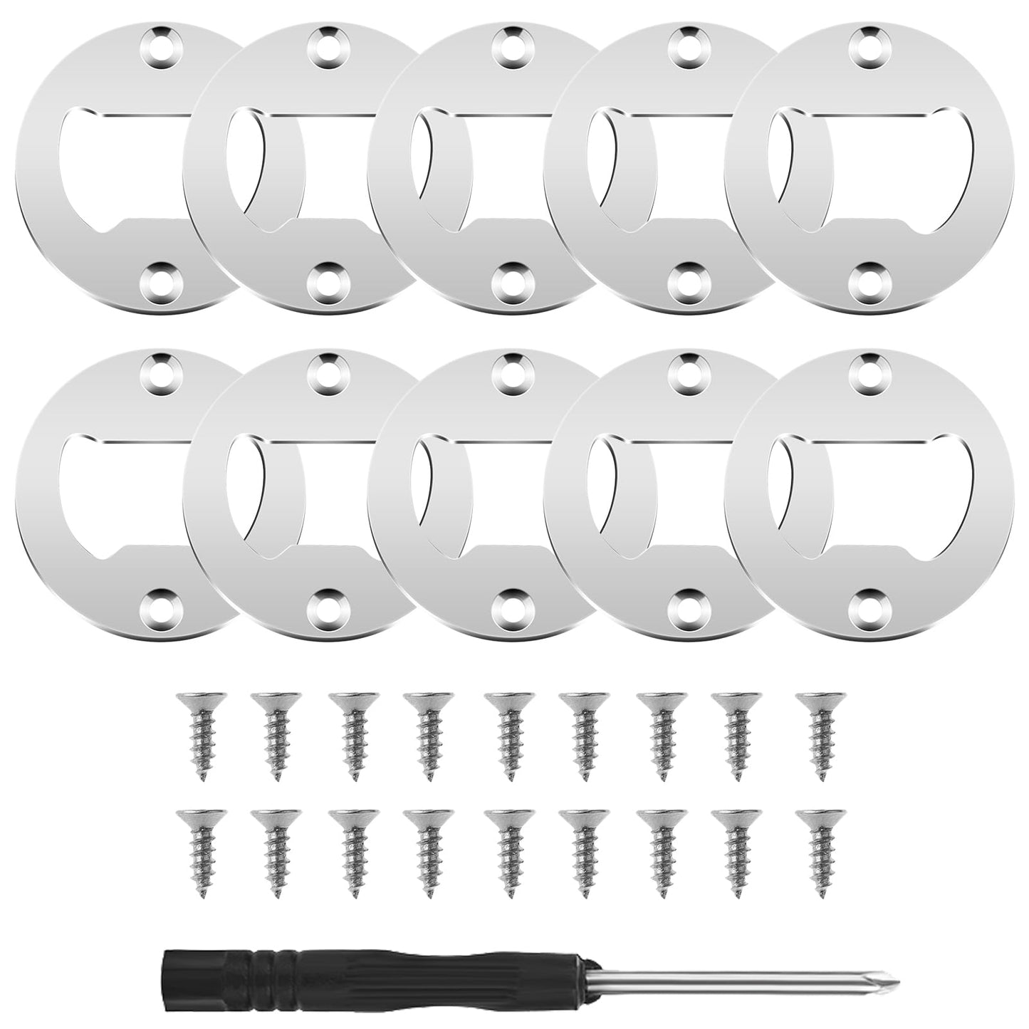 TIESOME Beer Bottle Openers Inserts Kits, 10 Sets Round Bottle Openers Stainless Steel DIY Beer Opener with Screws Screwdriver Bar Bottle Opener for Kitchen Bar Restaurant (Silver)