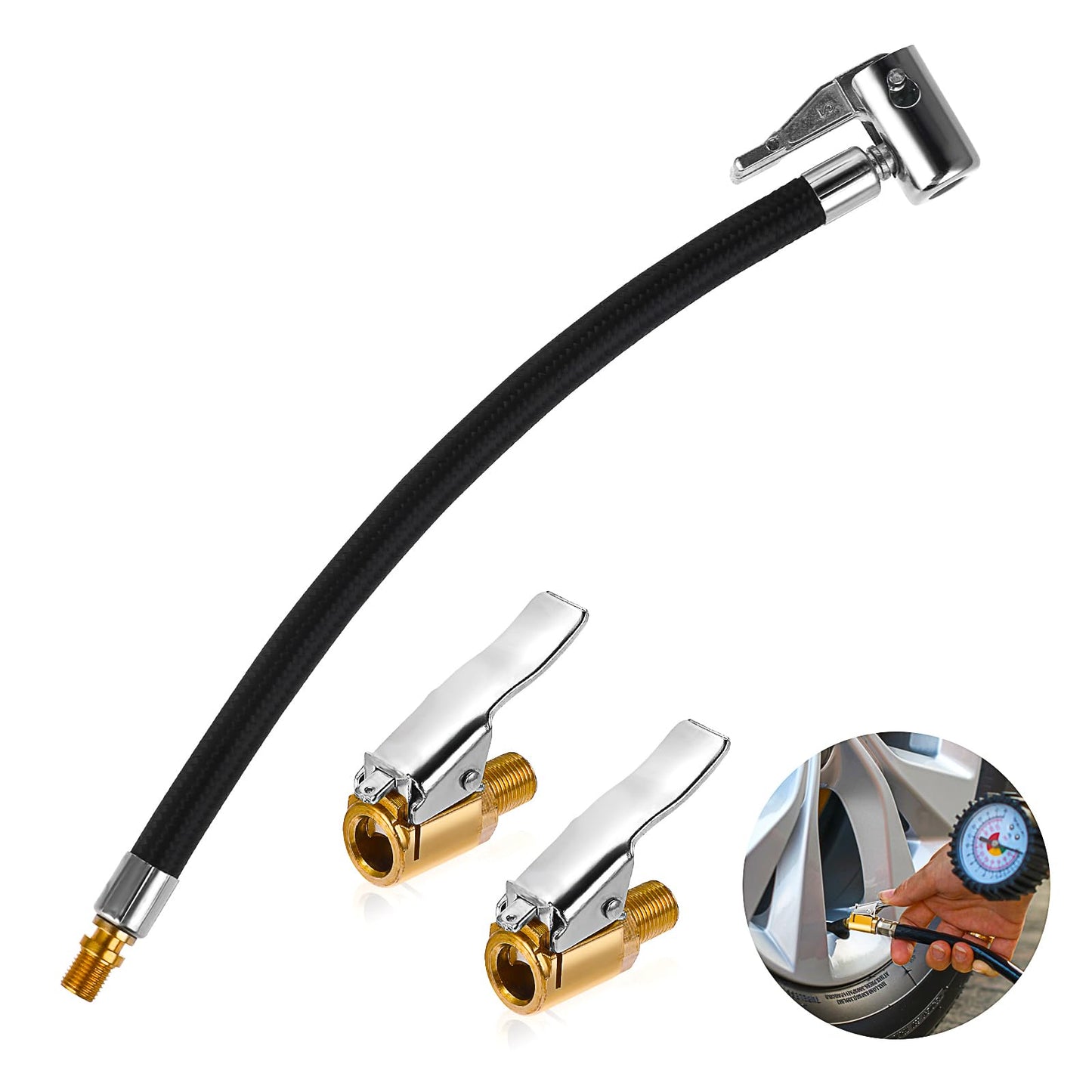 cobee Air Tyre Tire Chuck with Tyre Pump Hose, 9.3"/24cm Valve Air Rubber Hose Push on Locking Tire Chuck Tire Inflator Pump Hose Adapter + 2 Pcs Metal Truck Tyre Valve Air Pump Clip Thread Nozzle