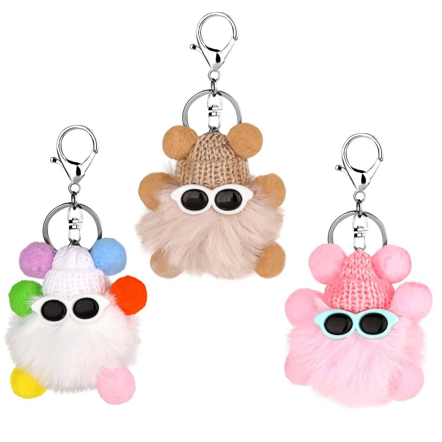 Giantree 3Pcs Cute Plush Keychain, Kawaii Cartoon Soft Plush Gift Key Chain Movable Small Briquette Pendant Keyring for Women Men Backpacks Car Keychains(Milk Tea Color+Colorful,+Pink)