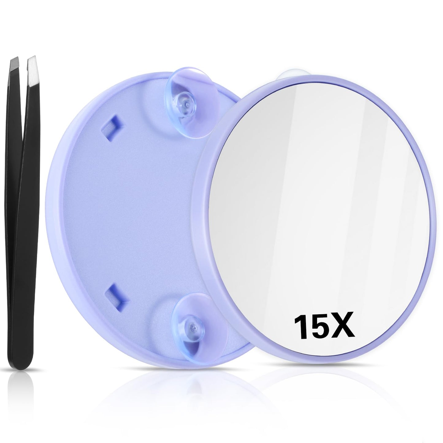AOZUO Magnifying Mirror Makeup Mirror, Portable Travel Makeup Mirror 15X Round Magnifying Mirror with 2 Suction Cups and Tweezers Kit for Women Men Eyebrow Face Blackhead Blemish Removal (Purple)