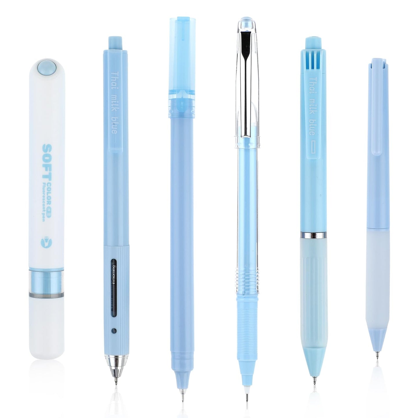 6 PCS Aesthetic Ballpoint Pens with Highlighter, 0.5mm Retractable Gel Ink Pens Cute Ball Point Pen Black Ink Smooth Writing Pens Pastel Roller Ball Pens Marker Pen for School Office Gift(Blue)