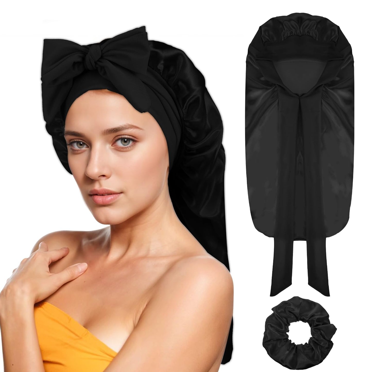 Yuanchu Long Satin Braid Cap for Women, Silk Hood for Sleeping, Satin Hair Cap with Hair Scrunchie, Silk Bonnet, Adjustable Sleep Cap, Night Cap for Long Curly Hair, Locs (Black)