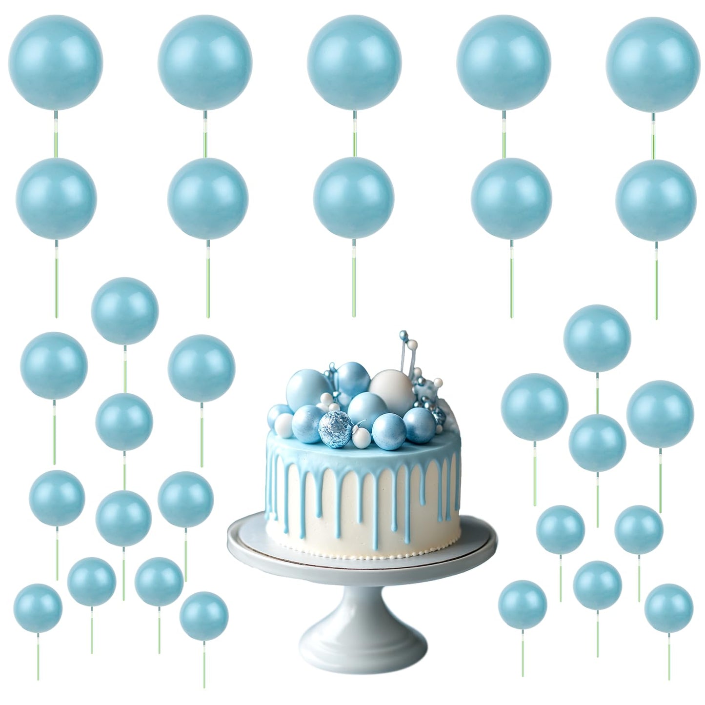 Molain 30 Pcs Balls Cake Topper Balloons Cupcake Topper DIY Cake Insert Topper 5 Sizes Foam Cake Balls Baking Decoration for Wedding Anniversary Birthday Cake Decorations(Blue)