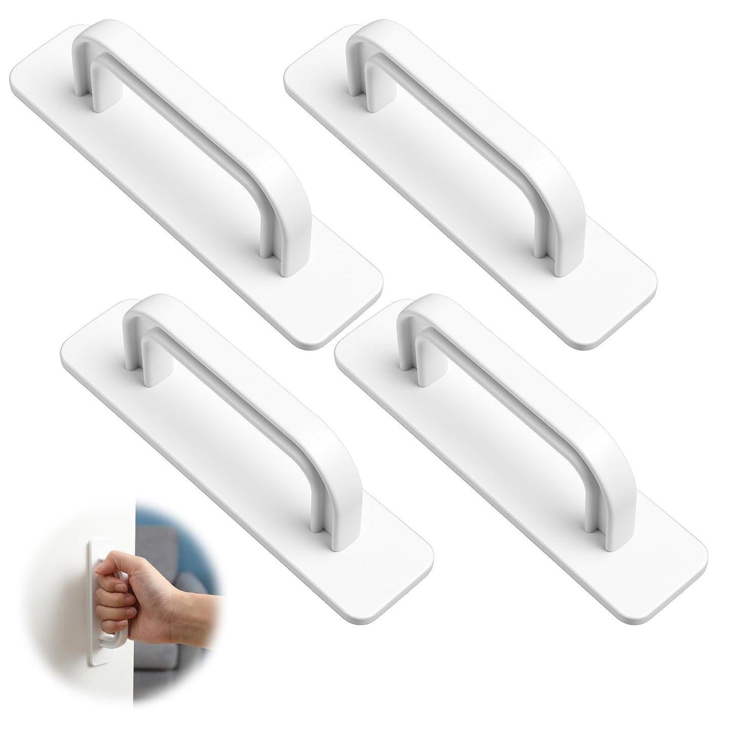WJIAAA 4 x Plastic Self-Adhesive Handles, White Balcony Door Handles, Drawer Handles, No Drilling, 100 mm, Rectangle Patio Door Handles, Exterior, Cupboard Handles, Adhesive, Handle Balcony Door