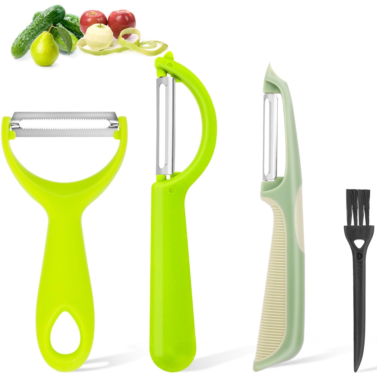cobee Potato Peeler with Clean Brush, 3 Pieces Kitchen Vegetable Peelers Set I and Y Type Peeler Stainless Steel Blades Fruit Peeler Soft Grip Handle Peelers for Carrot Zucchini Cucumber Peeling
