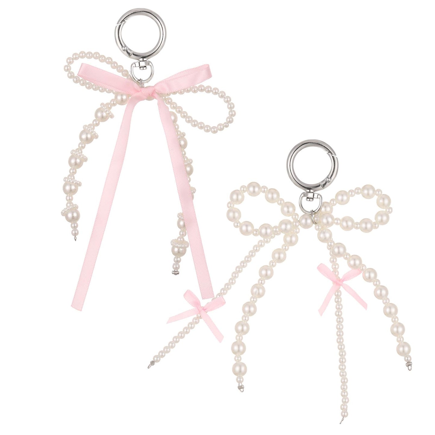 Yuanchu 2Pcs Pearl Bow Keychain, Cute Bowknot Beaded Keyring Charms Aesthetic Pink Bag Charms Purse Car Key Chain for Women, White ,Pink, One Size