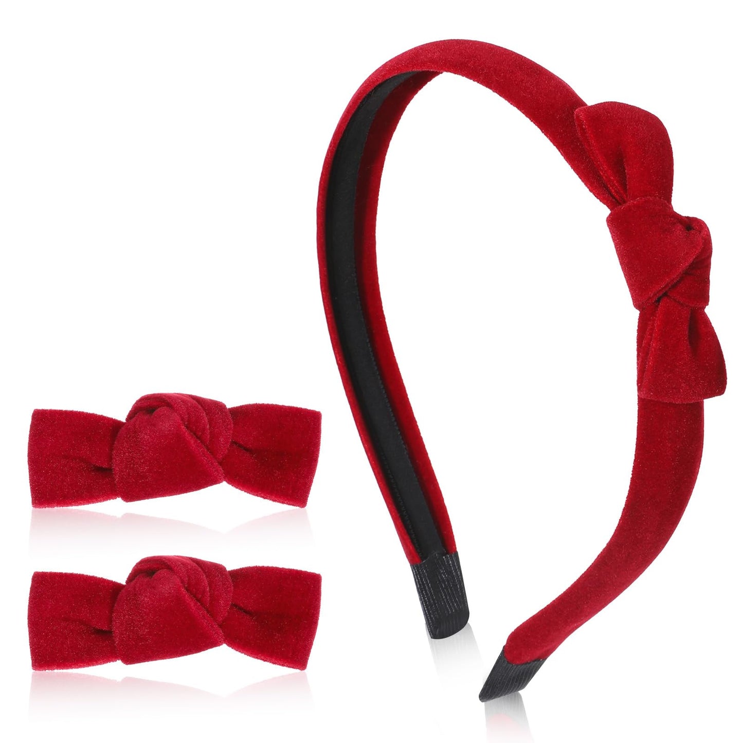 WJIAAA Set of 3 Red Velvet Headband and Bows Set, Red Bow Headband, Red Bow Headband, Headband with Clips for Women and Girls