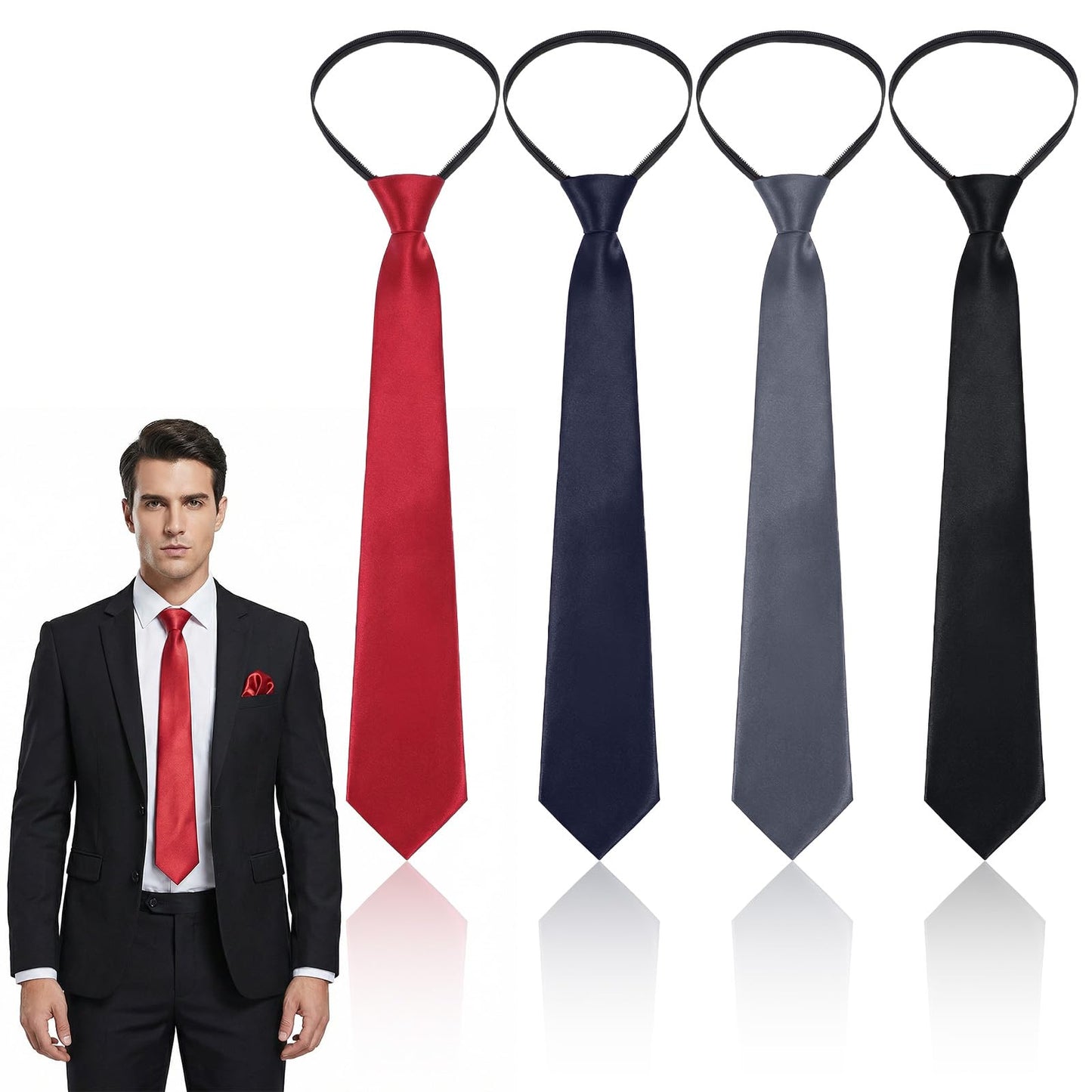 WJIAAA Set of 4 Men's Ties, 6 cm Narrow Tie Costume, Pre-Tied Safety Tie, Adjustable Tie Set for Men with Zip, Slim for Wedding, Graduation Party