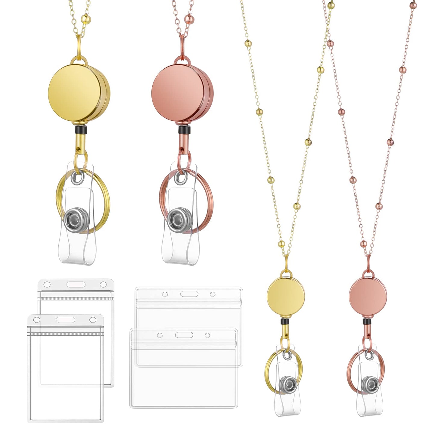 cobee Retractable Badge Reel Lanyard with ID Holder 2 Pcs Metal Crossbody Reel Lanyard with 4 Pcs Clear Badge Holder Waterproof Vertical/Horizontal Card Holder for Women Teacher Nurse (Rose/Rose Gold)